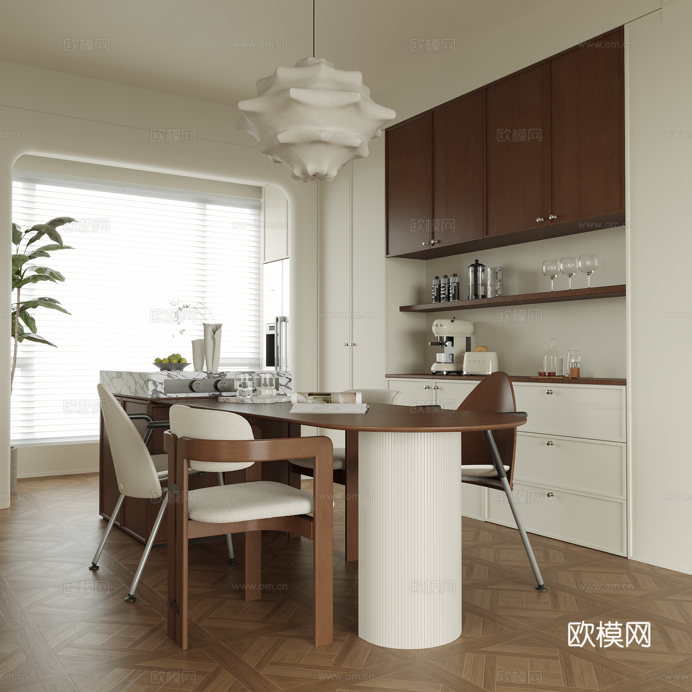 现代餐厅 餐桌椅 餐边柜 床头吊灯su模型