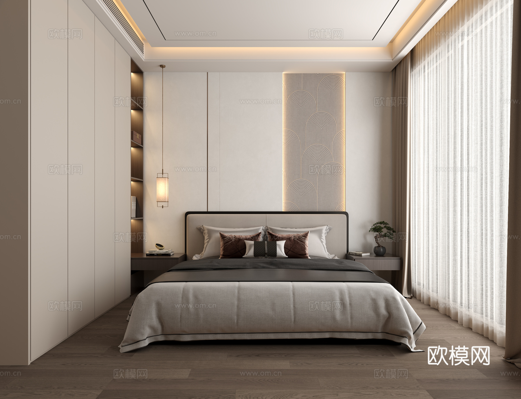 新中式主卧，卧室，床头背景3d模型