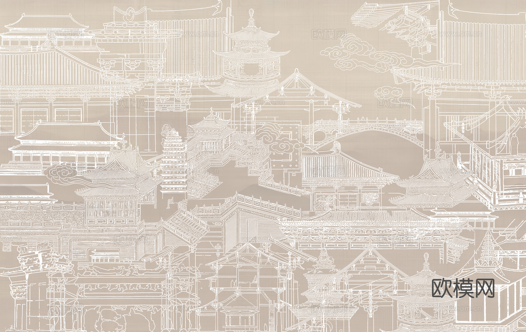 新中式亭台楼阁中式建筑线条肌理工装背景墙下载（渲染图2）