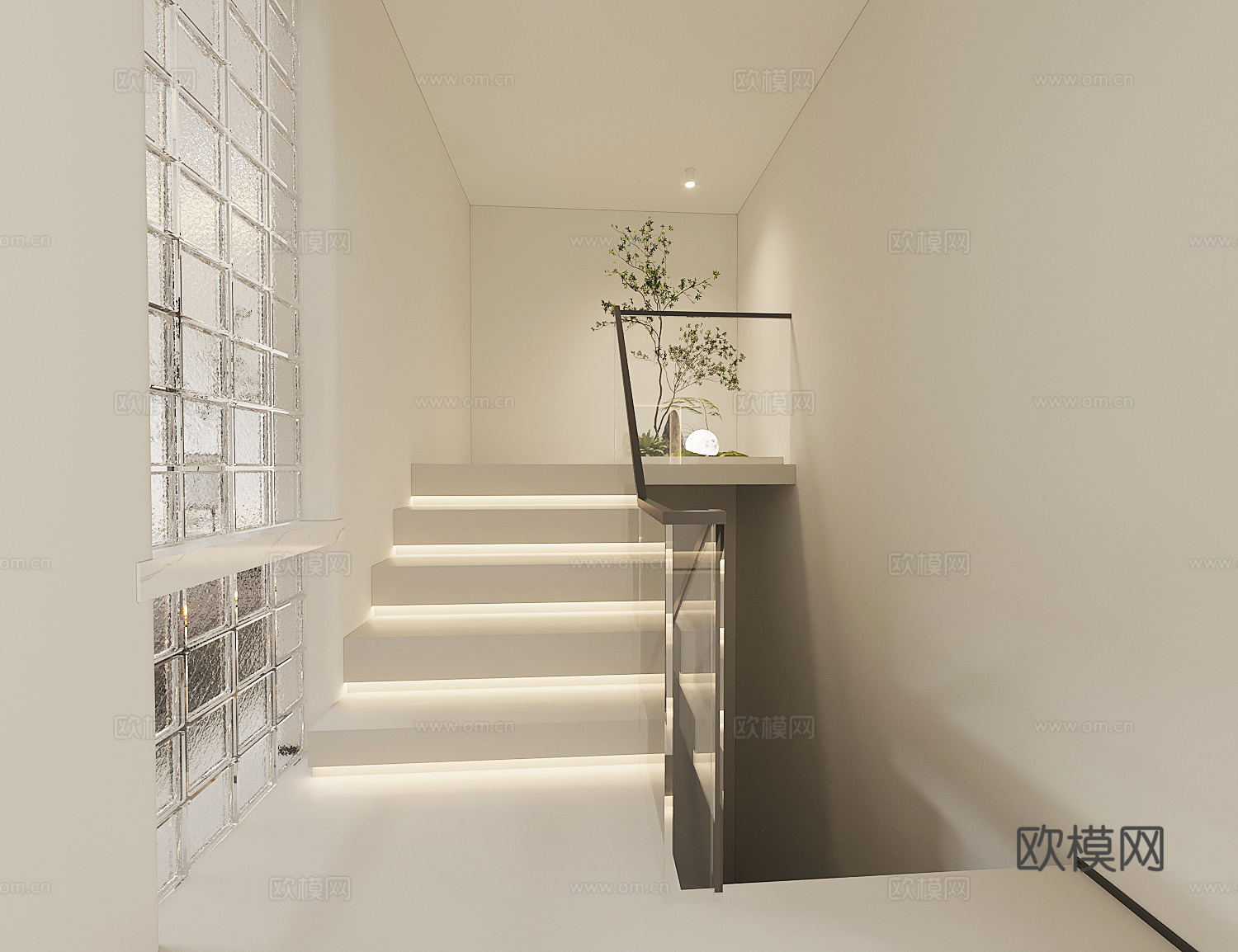 楼梯景观 绿植造景 楼梯扶手 隔断玻璃砖3d模型
