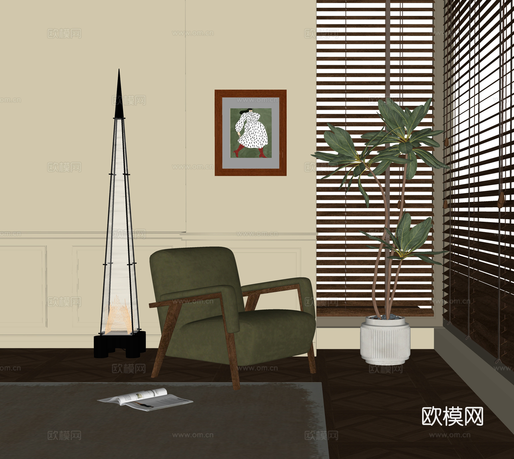 现代休闲椅 单人沙发 单椅 盆栽 落地灯su模型