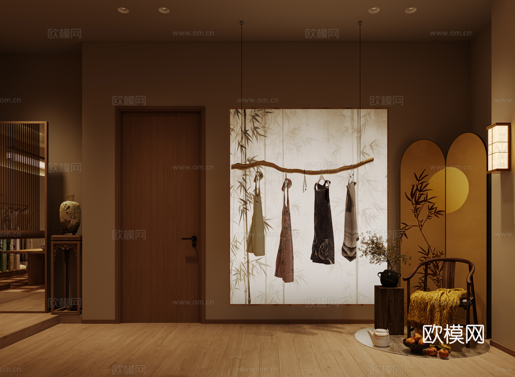 侘寂风原木复古服装店3d模型