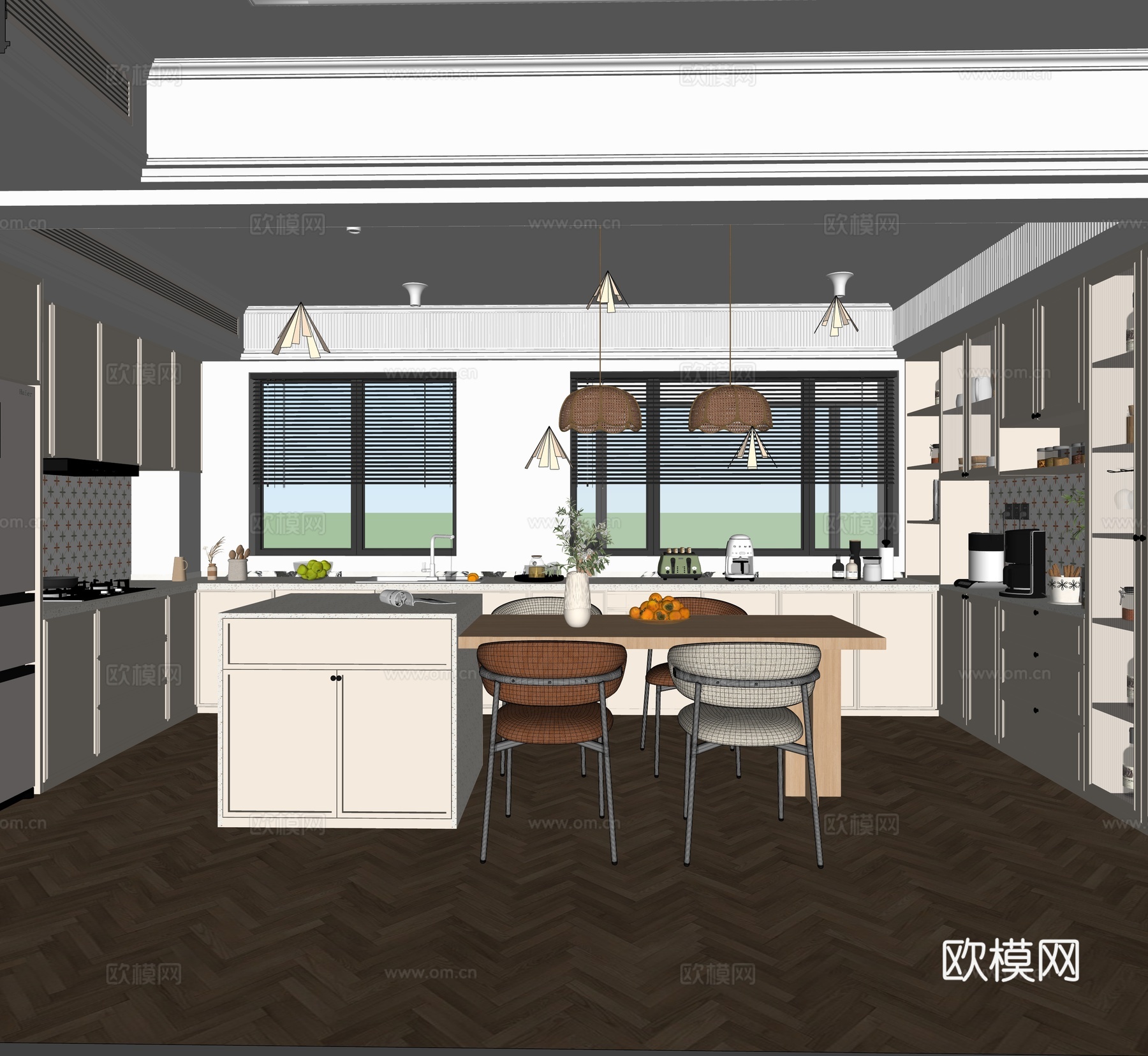 现代奶油风餐厅su模型