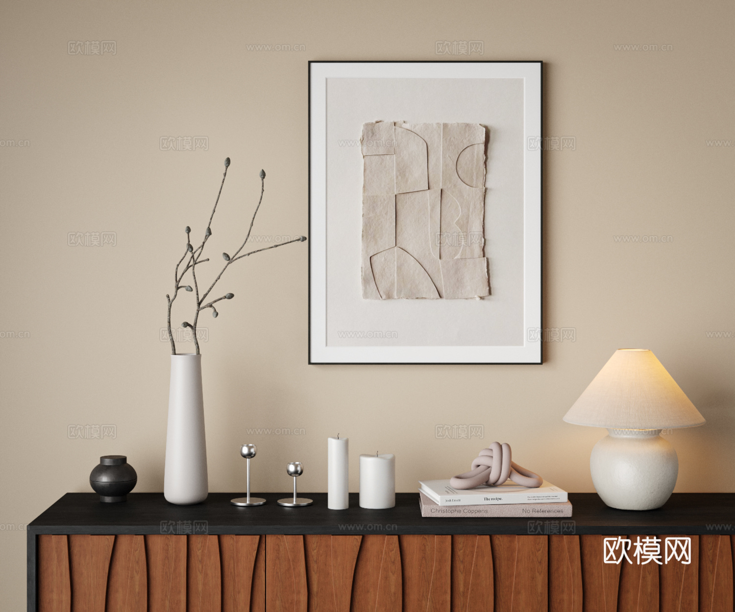 中古风 侘寂 饰品摆件组合 台灯 花瓶 挂画 书籍 蜡烛 陶su模型