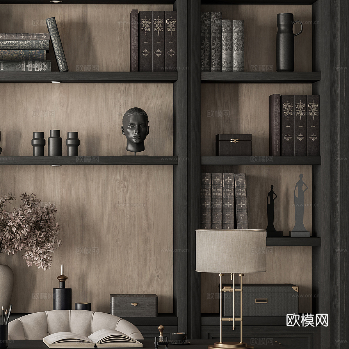 美式复古书柜 书桌椅3d模型