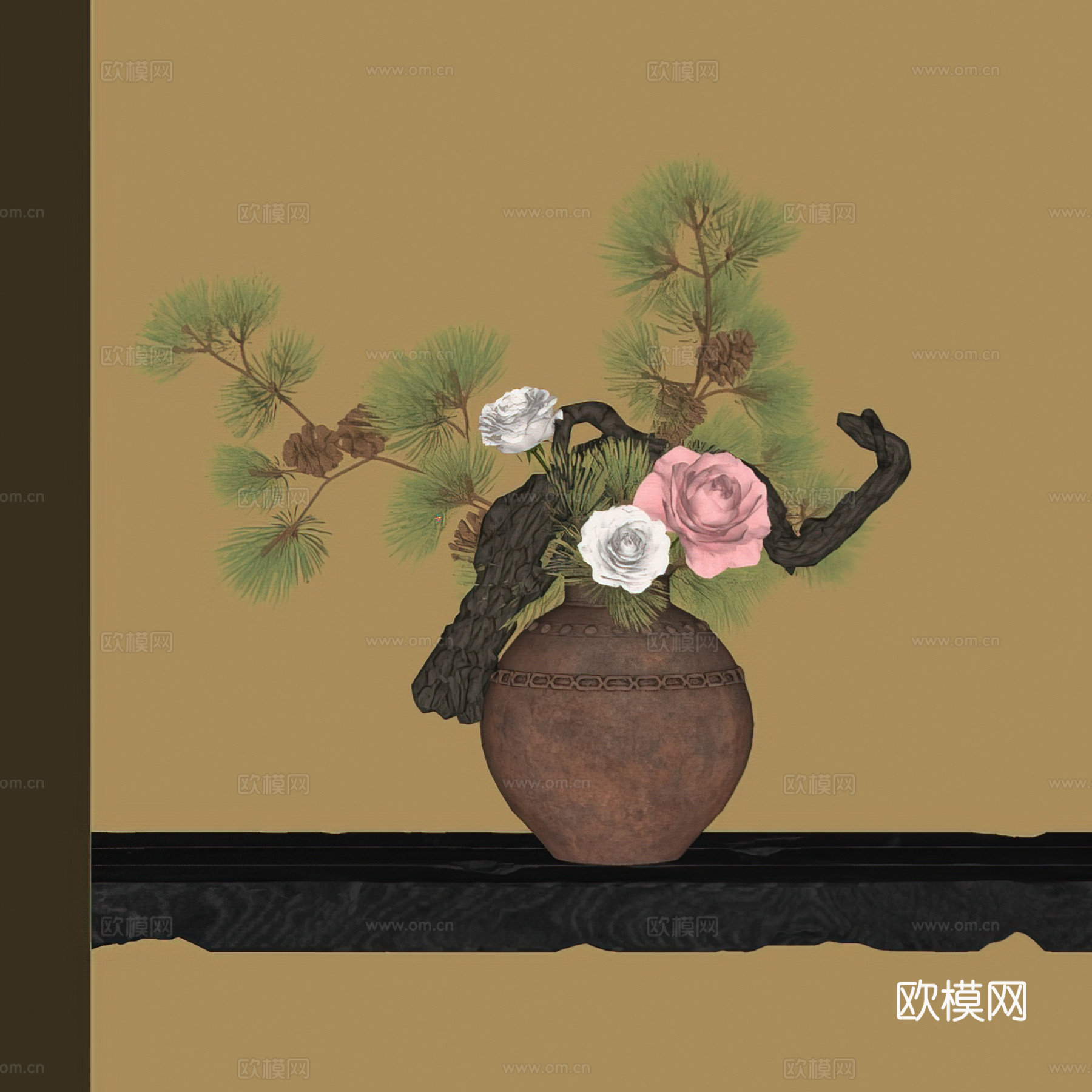 新中式花艺摆件 宋氏美学 艺术插花 盆景盆栽 鲜花插花 陶罐su模型