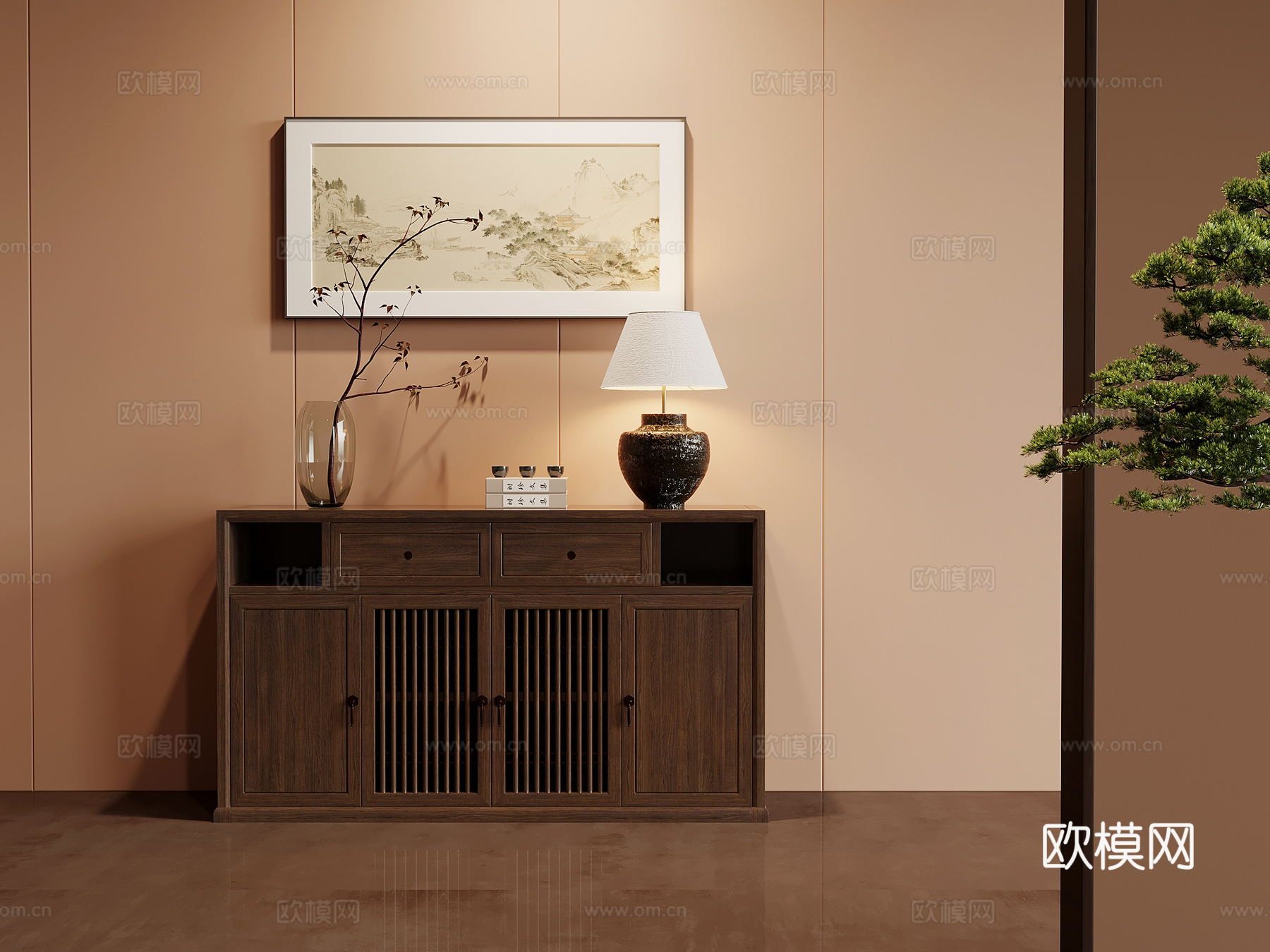 茶水柜 新中式茶柜 茶水柜 装饰画 摆件3d模型