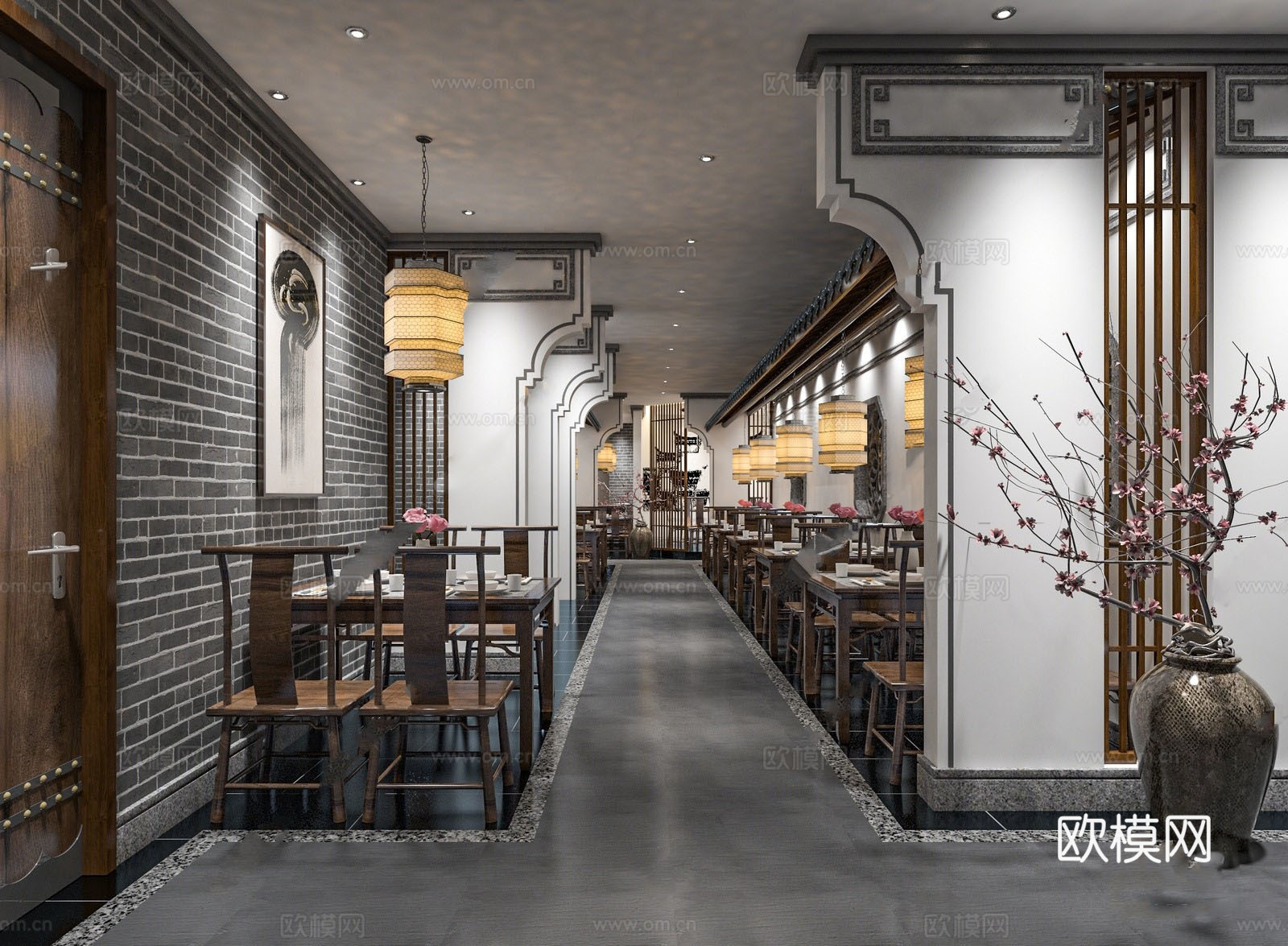 中式中餐厅 餐饮空间 桌椅组合 灯笼挂灯su模型