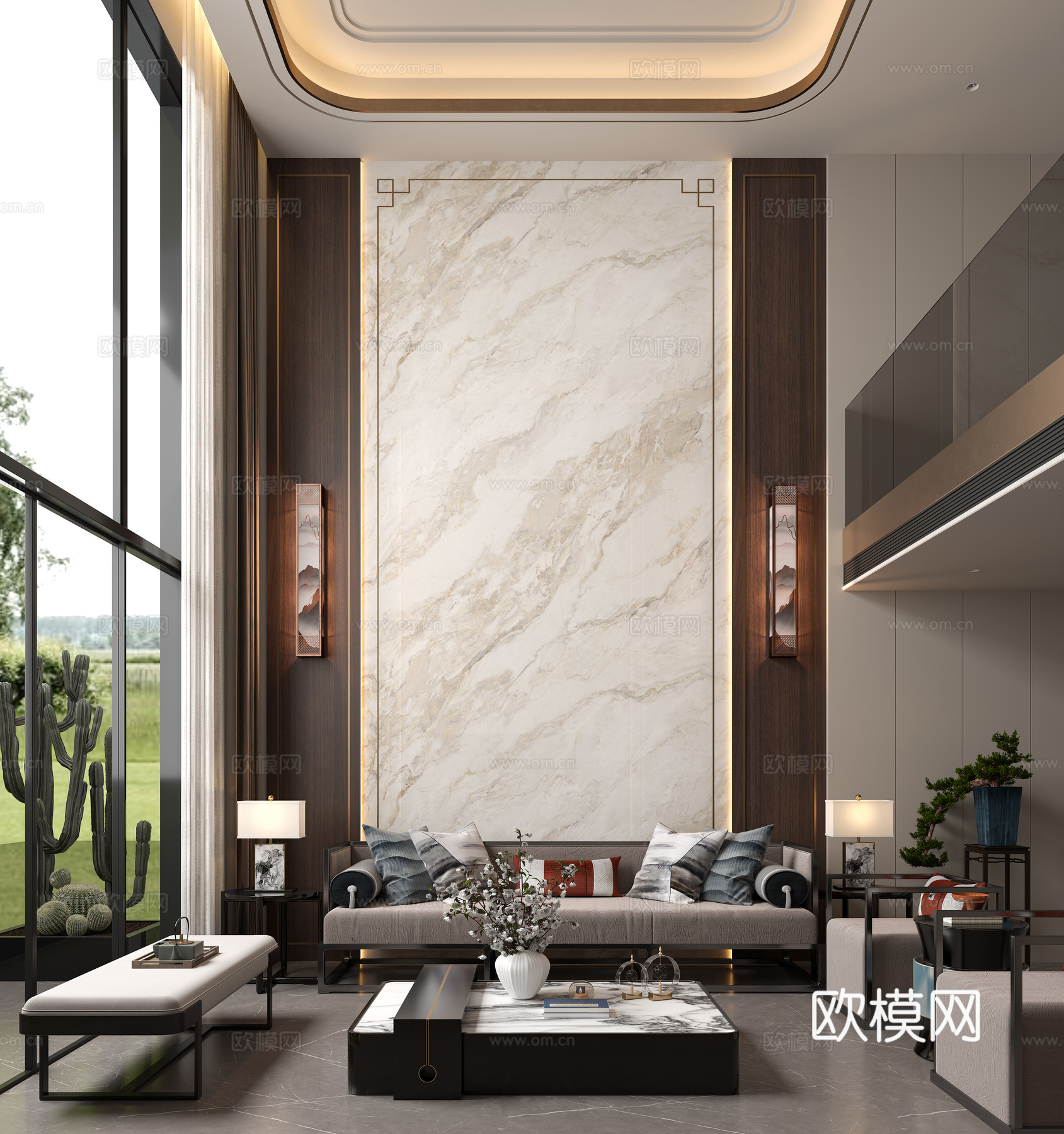 新中式沙发背景 别墅沙发背景 中空别墅  中空沙发背景3d模型