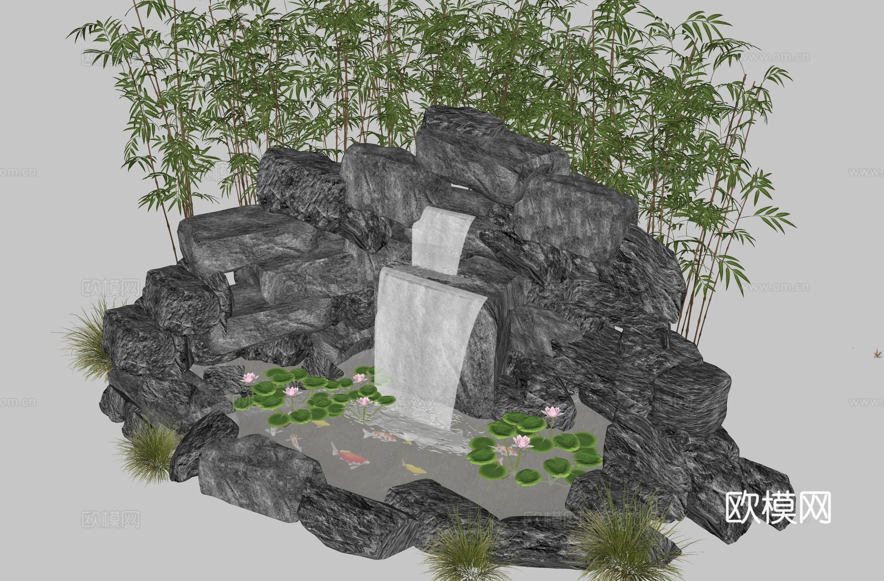 现代生态鱼池 水池 荷花池 观赏锦鲤池 假山叠水 跌水水景su模型