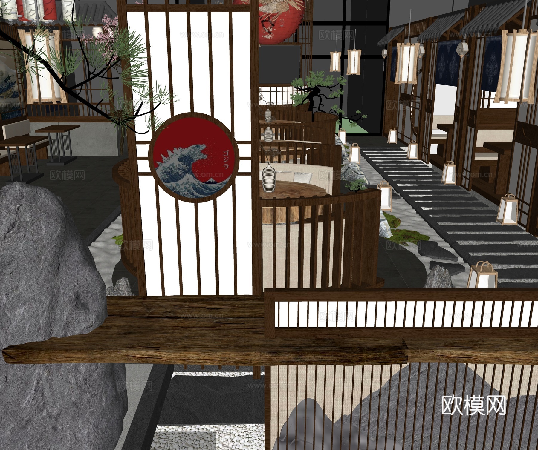 新中式中餐厅 餐桌椅组合 入门景观 吊灯 框景su模型