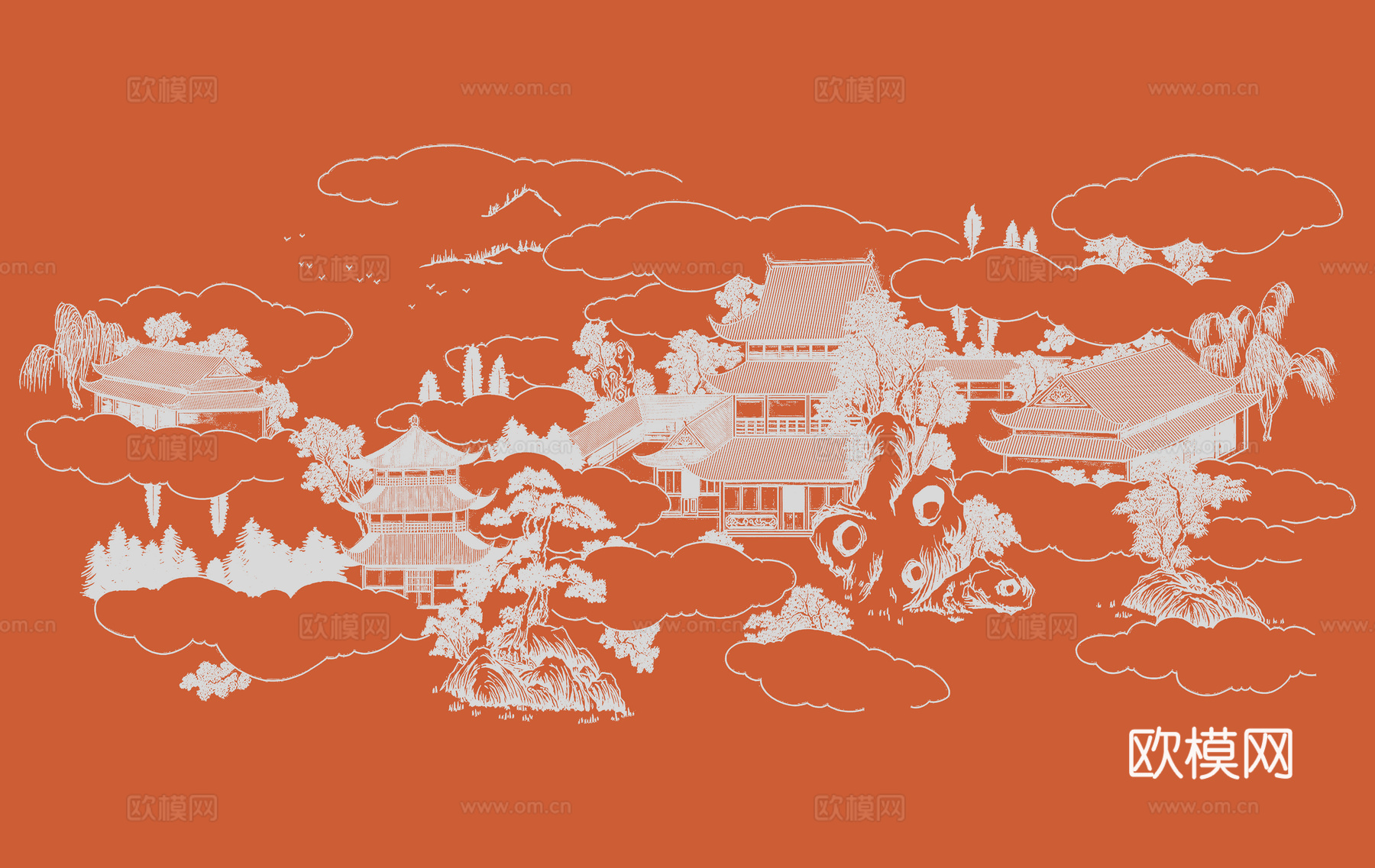 新中式亭台楼阁中式建筑线条肌理工装背景墙下载（渲染图7）