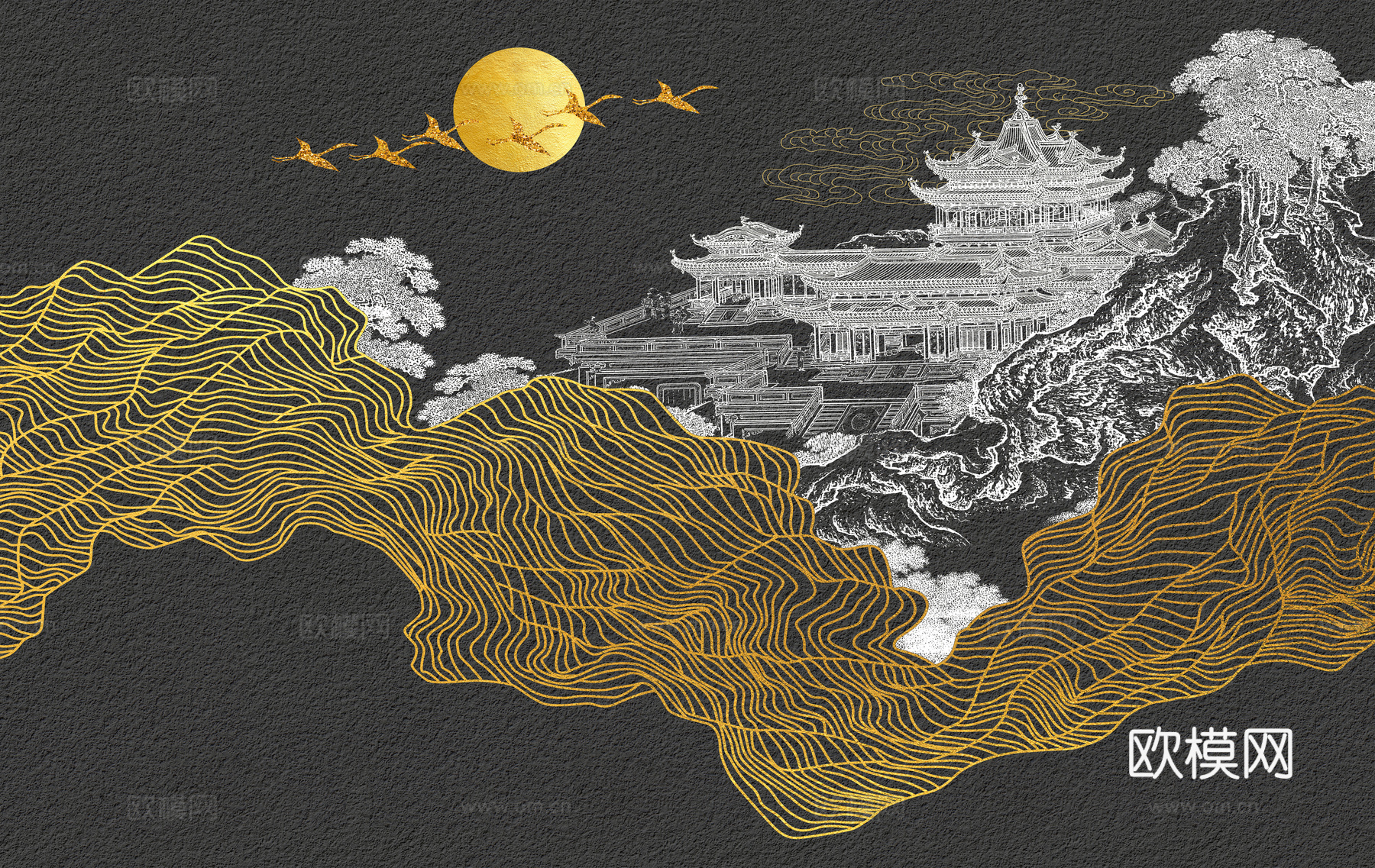 新中式亭台楼阁中式建筑线条肌理工装背景墙下载（渲染图2）