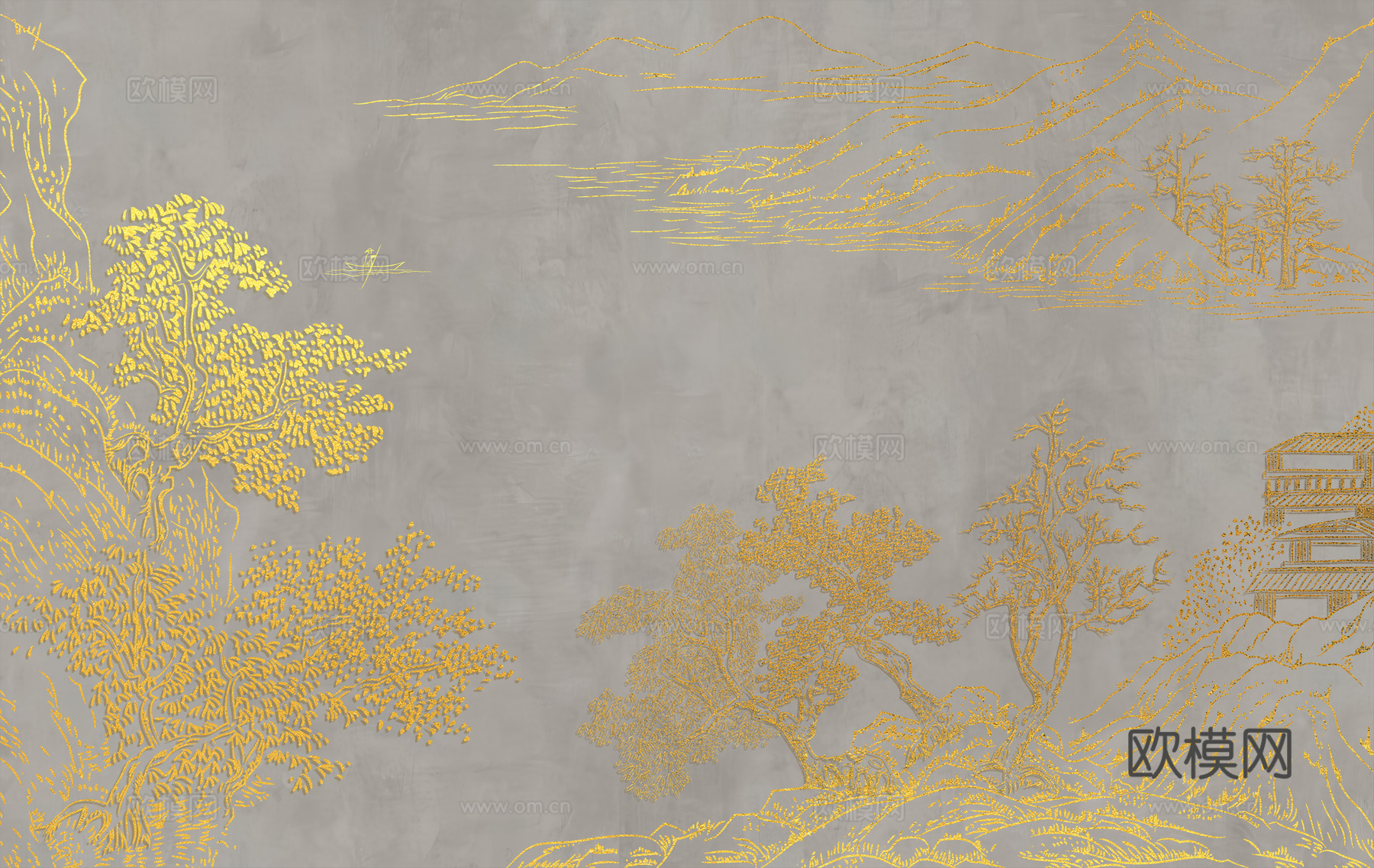新中式亭台楼阁中式建筑线条肌理工装背景墙下载（渲染图7）