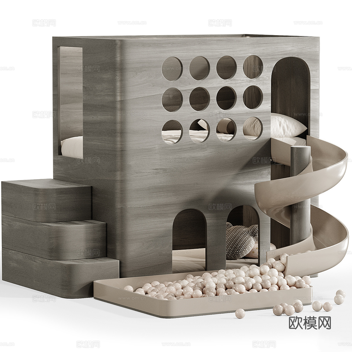 现代奶油风儿童上下床 滑梯床 高低床3d模型