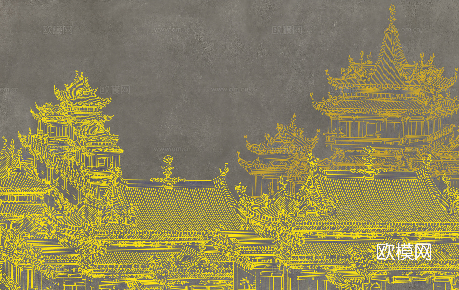 新中式亭台楼阁中式建筑线条肌理工装背景墙下载（渲染图3）