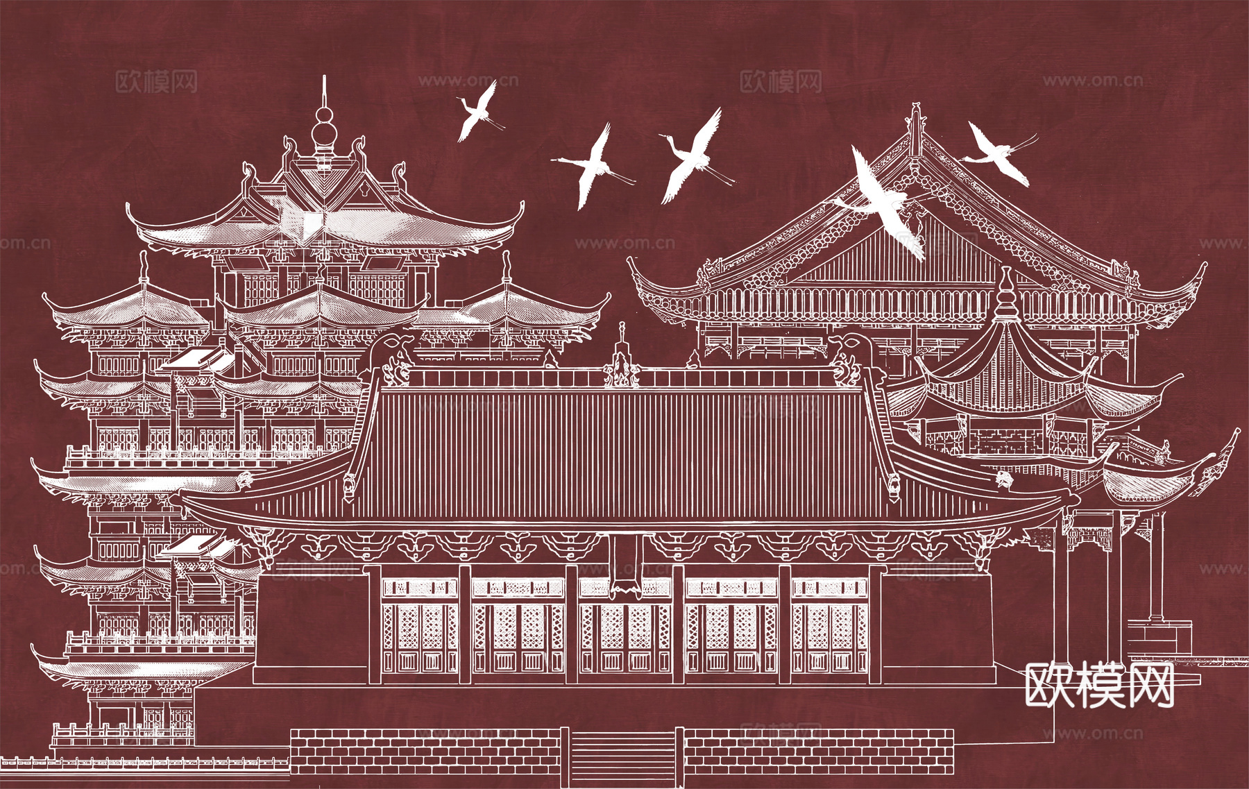 新中式亭台楼阁中式建筑线条肌理工装背景墙下载（渲染图5）