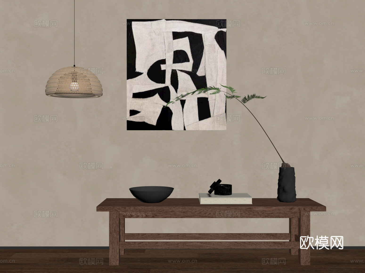 玄关 中古风端景条案 挂画摆件 盆栽su模型
