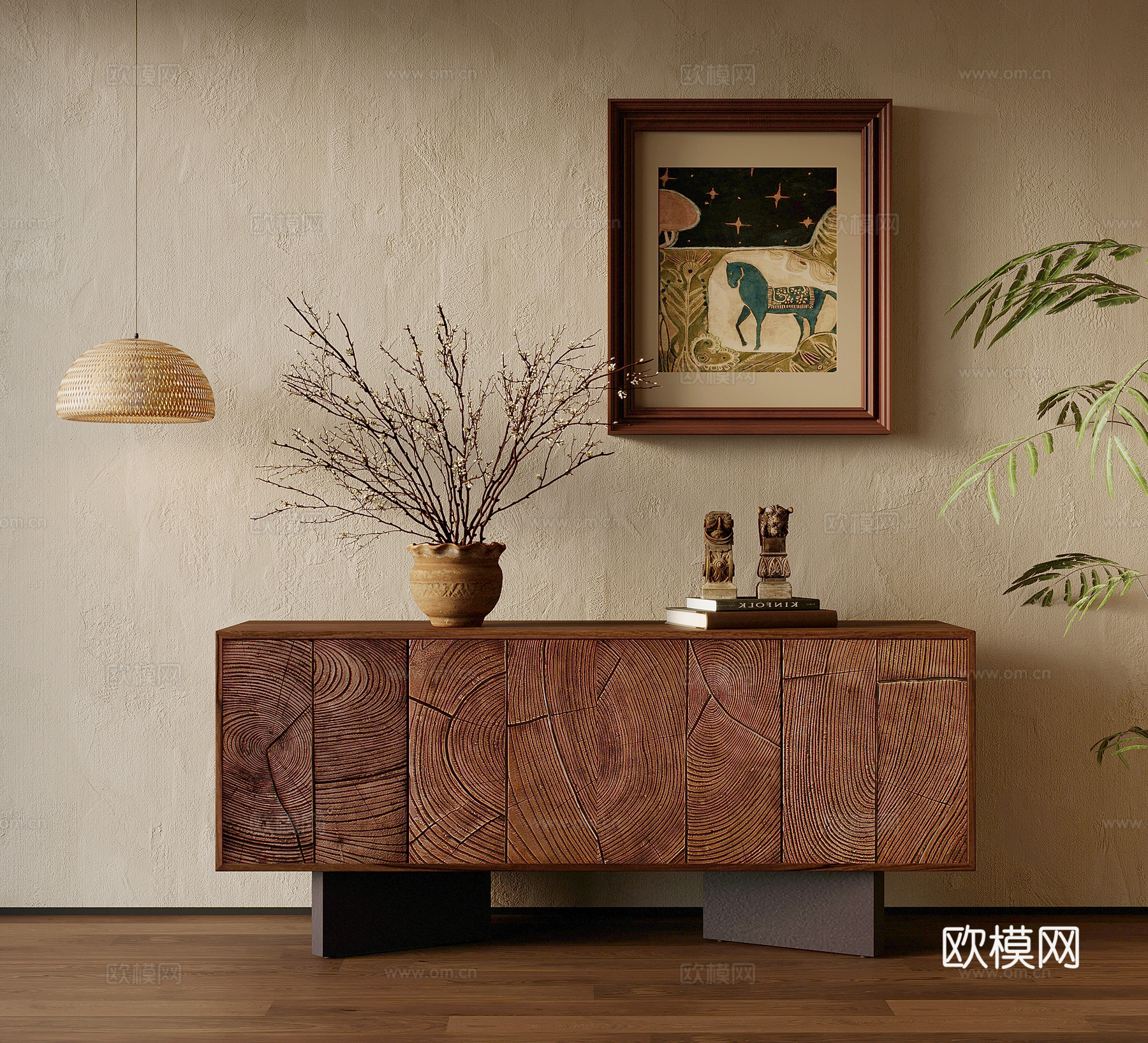 玄关 中古风玄关柜 端景柜 挂画摆件 盆栽3d模型