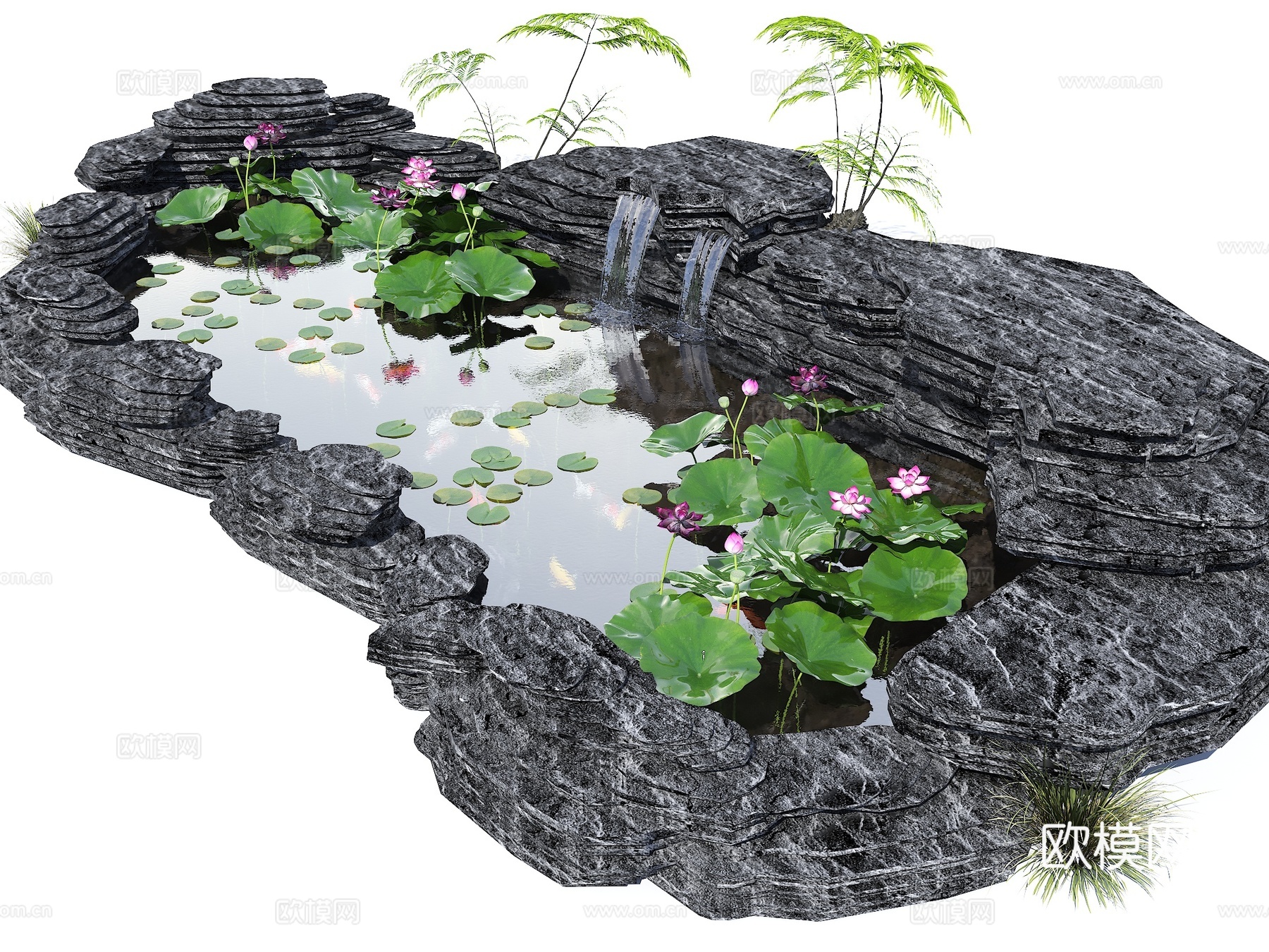 现代生态鱼池 水池 荷花池 观赏锦鲤池 假山叠水 跌水水景3d模型