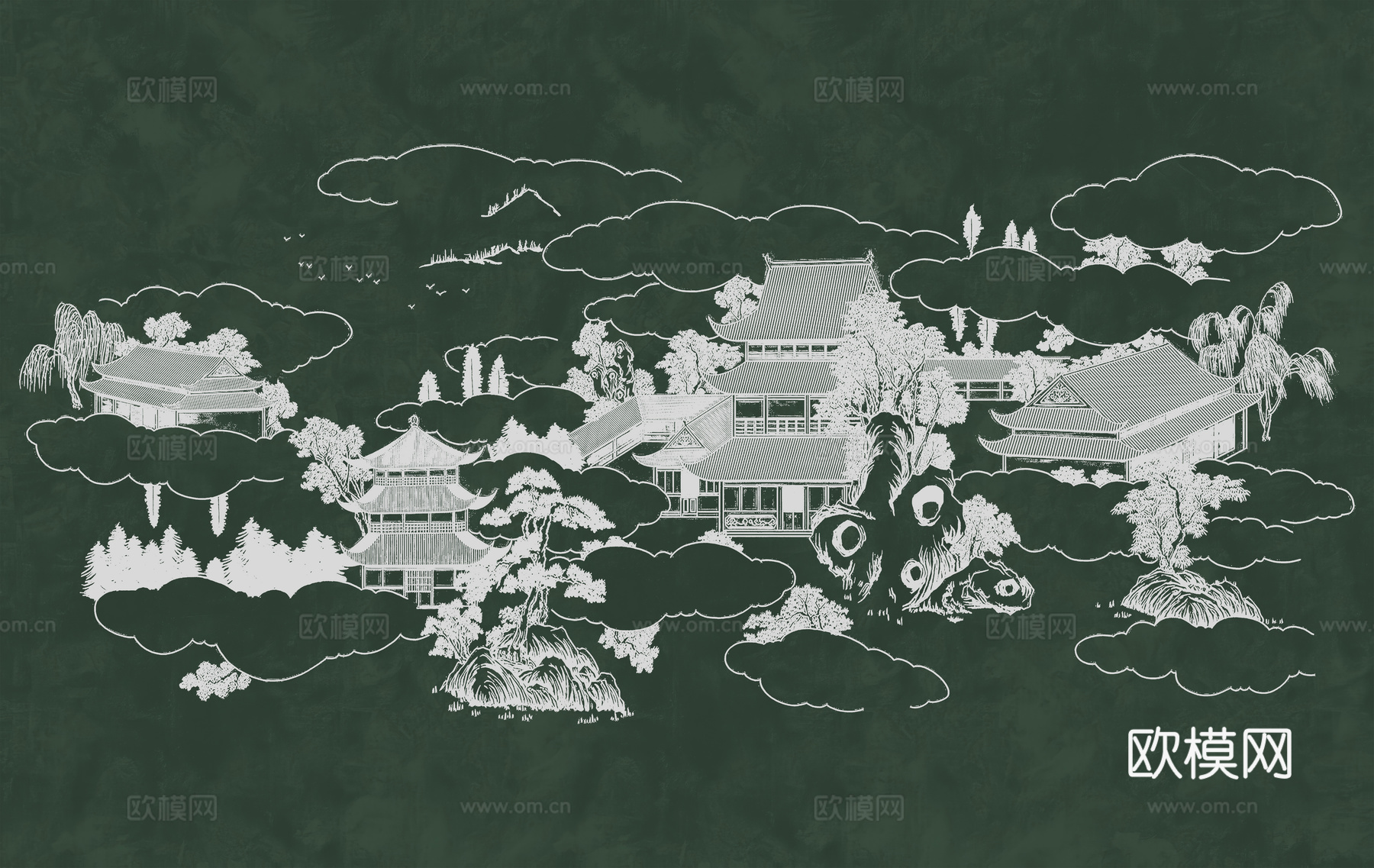 新中式亭台楼阁中式建筑线条肌理工装背景墙下载（渲染图8）