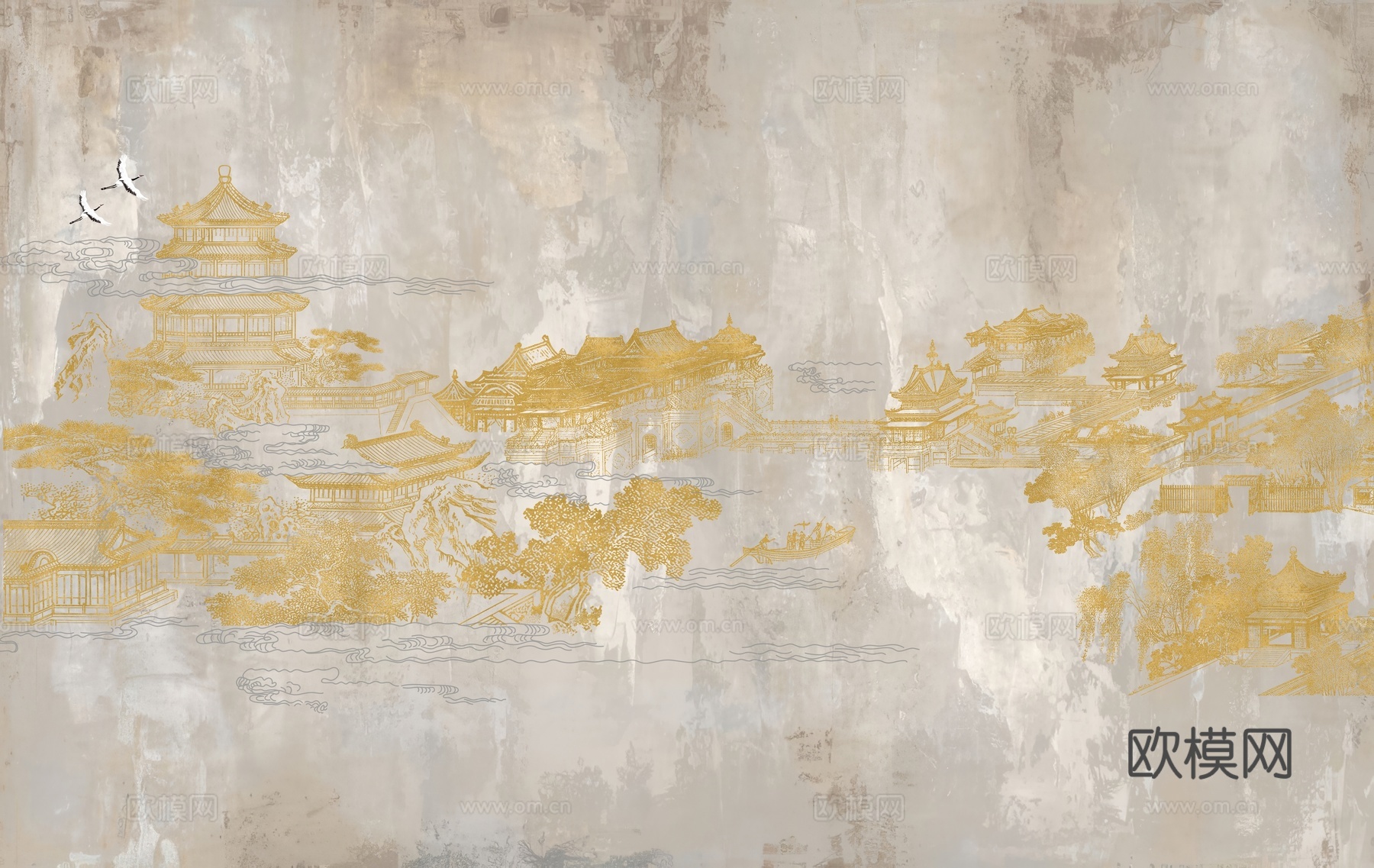 新中式亭台楼阁中式建筑线条肌理工装背景墙下载（渲染图1）