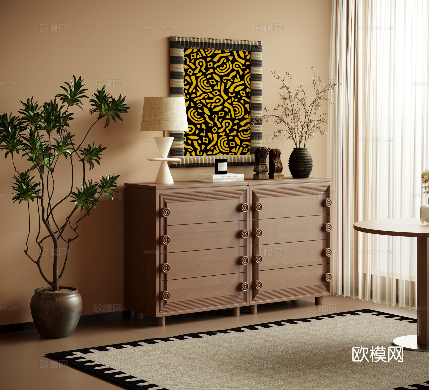餐边柜 中古风餐边柜 边柜 矮柜 绿植3d模型