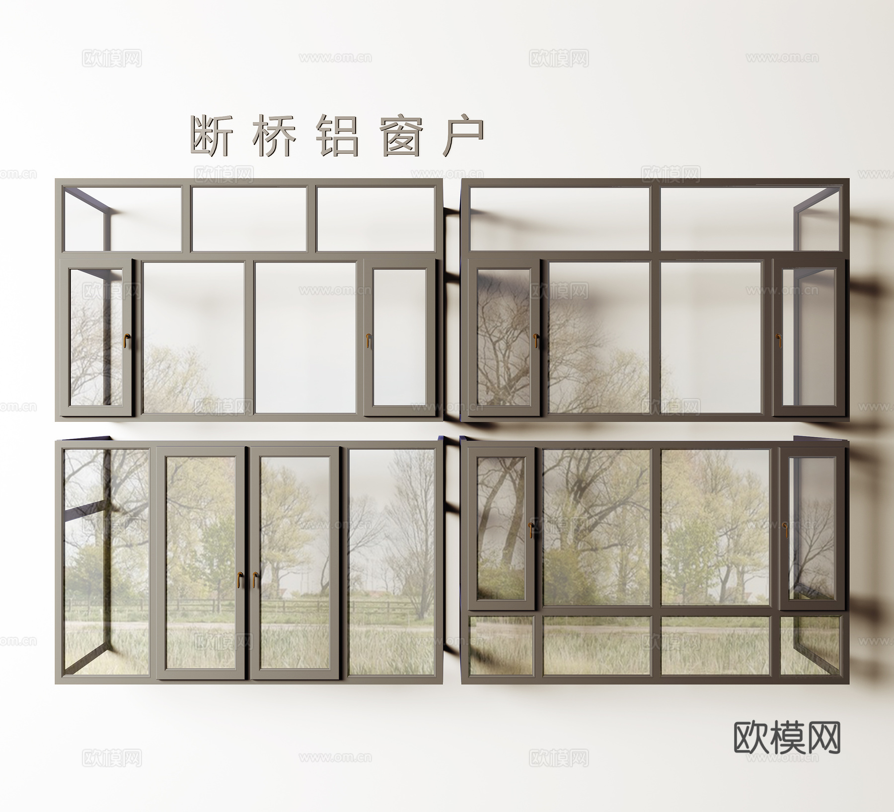 现代断桥铝门窗 铝合金窗户 玻璃窗 平开窗 推拉窗3d模型