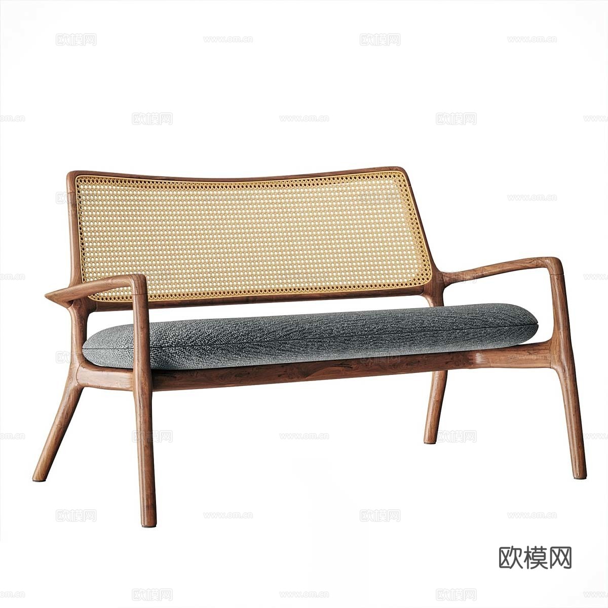 新中式藤编木质双人休闲沙发3d模型
