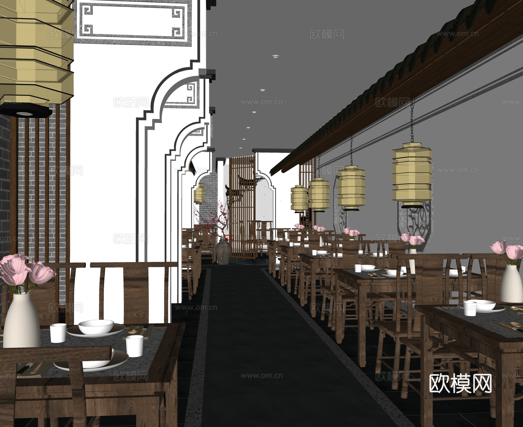 中式中餐厅 餐饮空间 桌椅组合 灯笼挂灯su模型