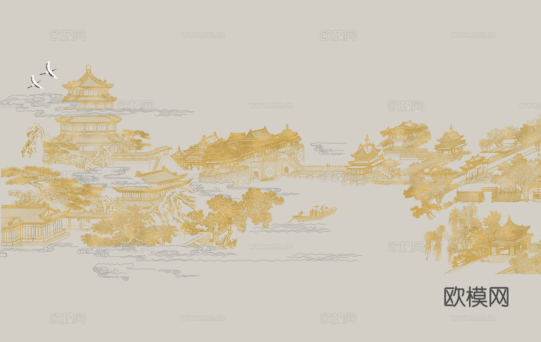 新中式亭台楼阁中式建筑线条肌理工装背景墙下载（渲染图4）