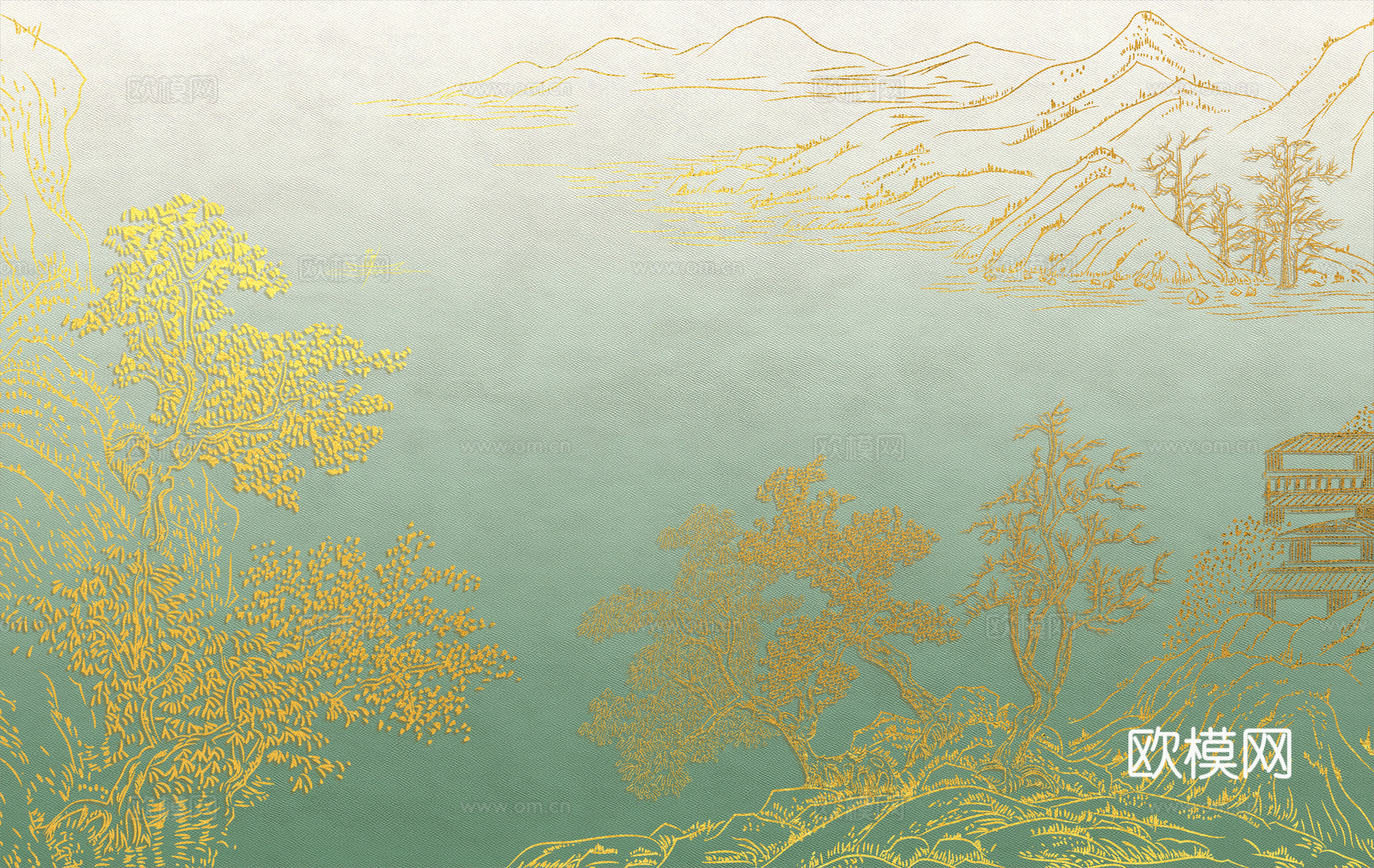 新中式亭台楼阁中式建筑线条肌理工装背景墙下载（渲染图6）