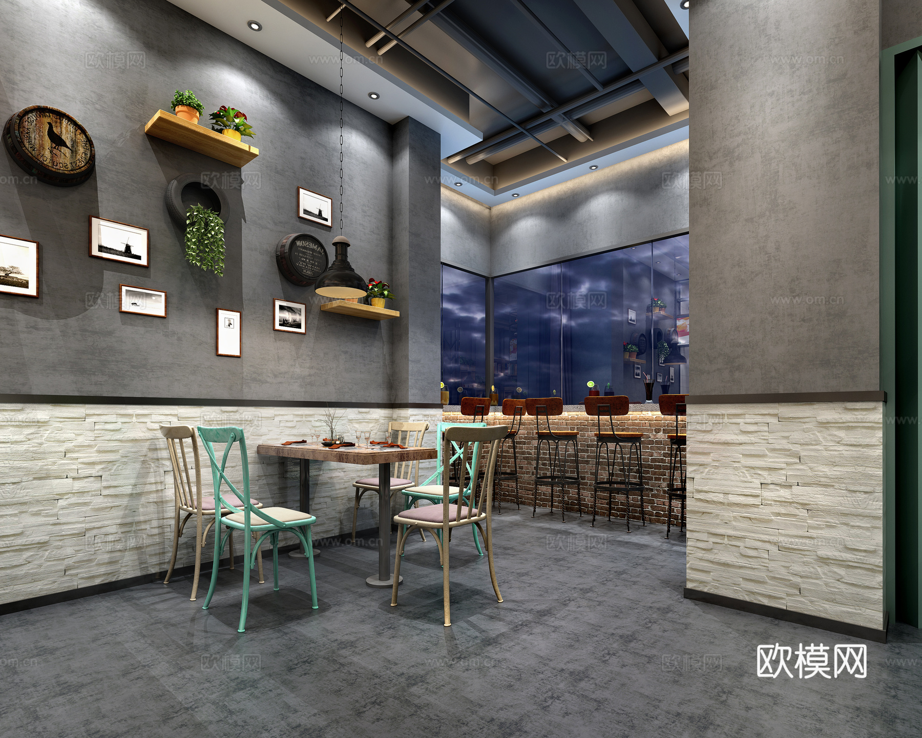 工业风餐椅大厅餐桌 餐椅 吧台 吧椅 墙饰 吊灯 管道吊顶3d模型