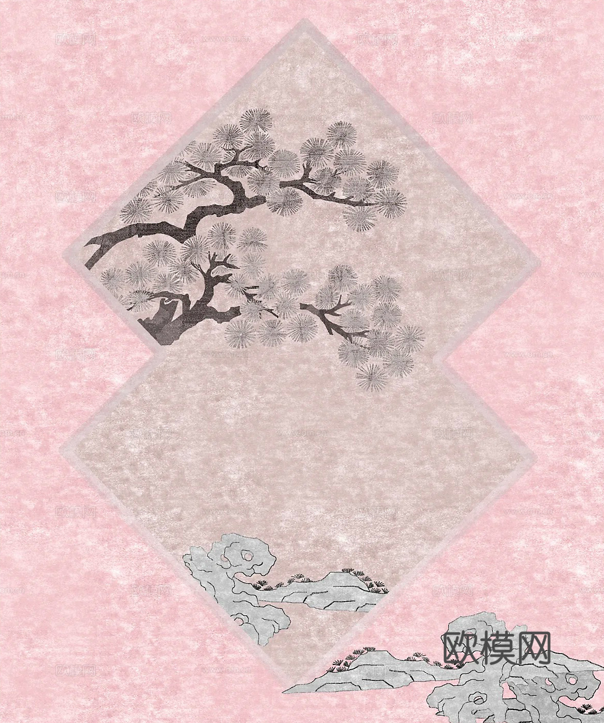 新中式法式粉色松树云纹地毯