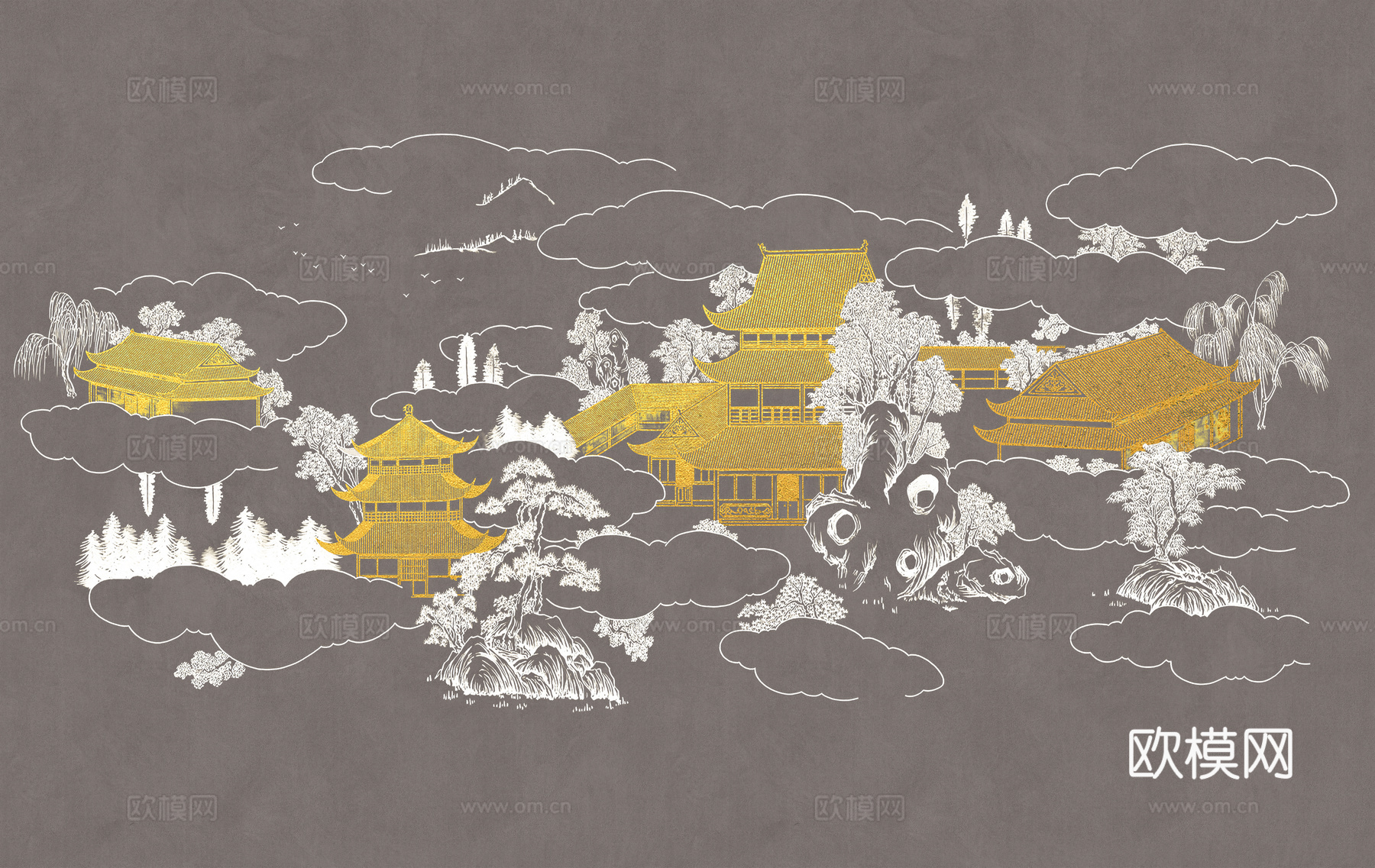 新中式亭台楼阁中式建筑线条肌理工装背景墙下载（渲染图6）