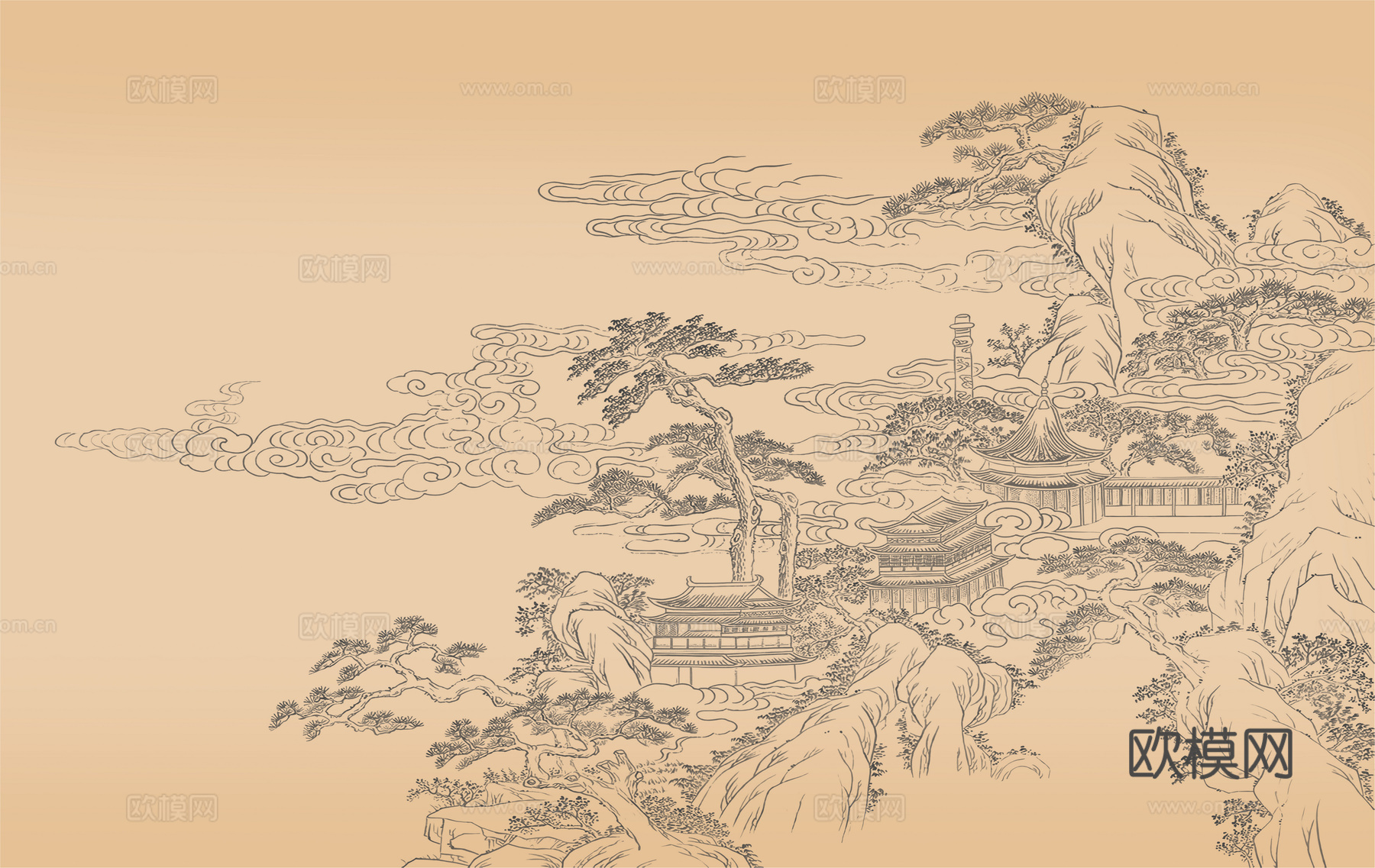 新中式亭台楼阁中式建筑线条肌理工装背景墙下载（渲染图3）