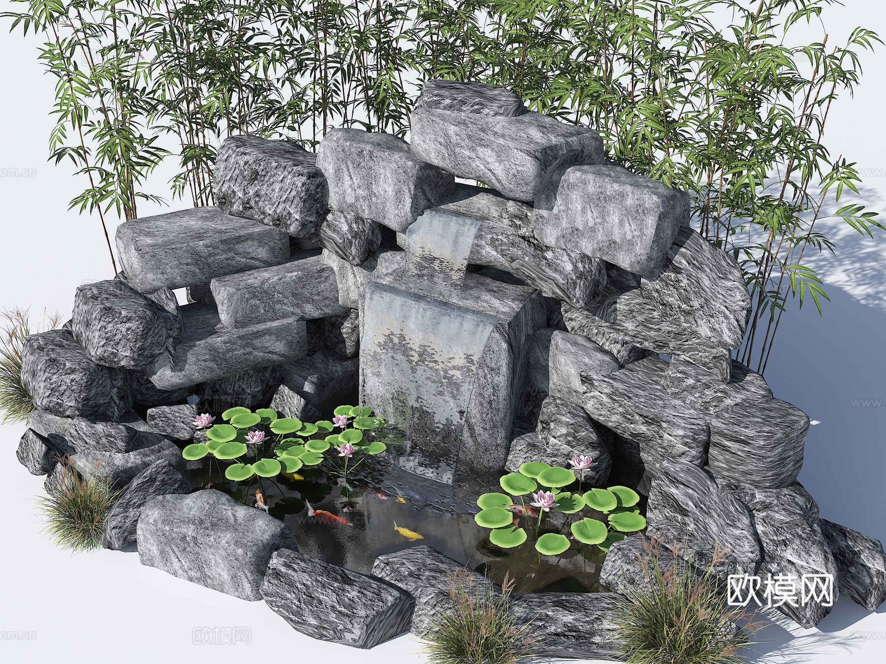 现代生态鱼池 水池 荷花池 观赏锦鲤池 假山叠水 跌水水景su模型