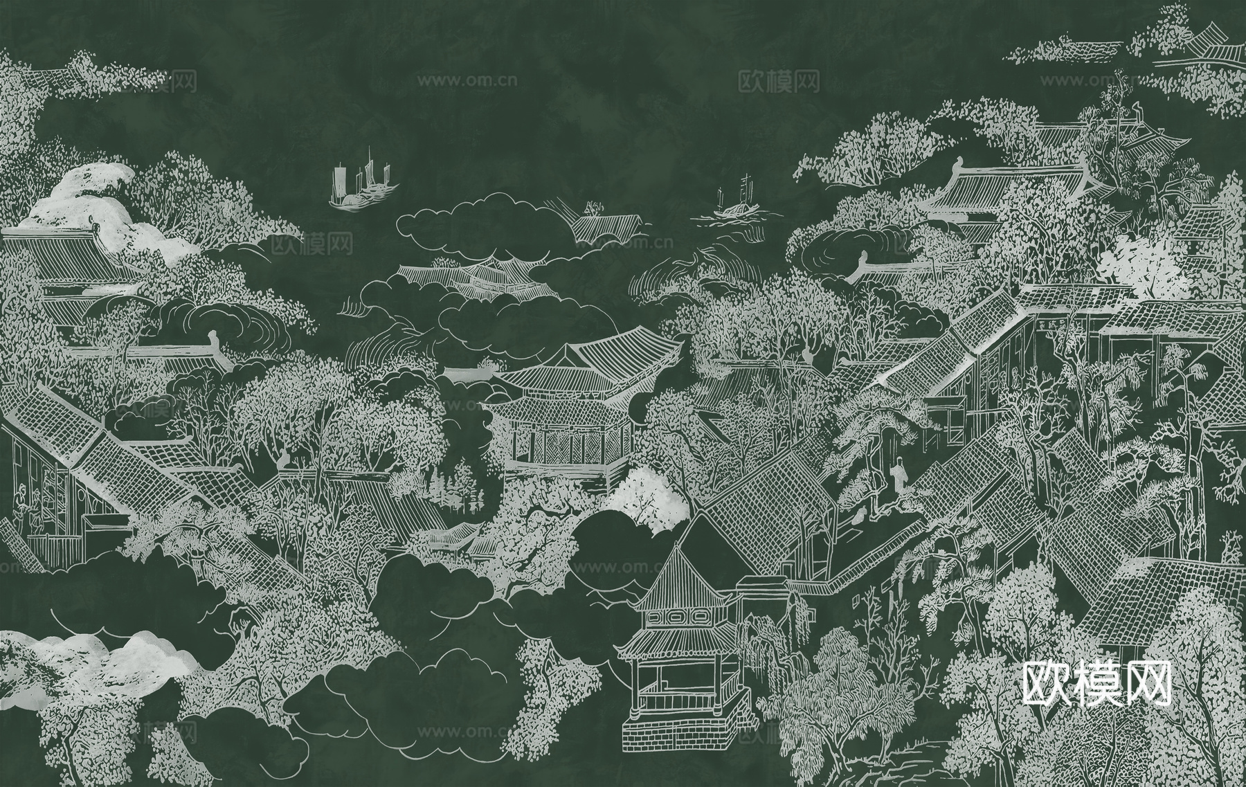 新中式亭台楼阁中式建筑线条肌理工装背景墙下载（渲染图1）