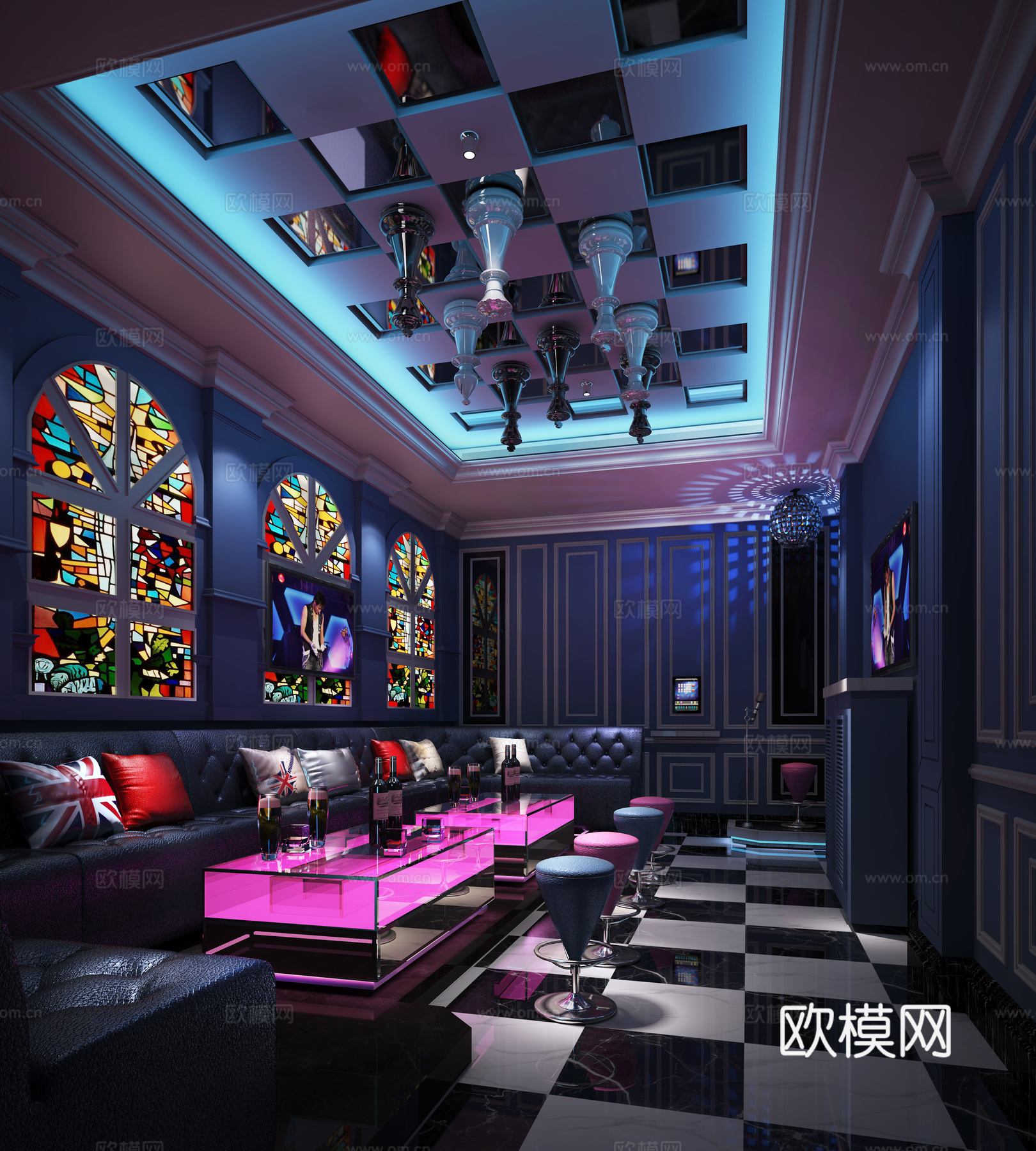现代KTV 包房 娱乐 棋盘格 象棋 蓝色 粉色3d模型