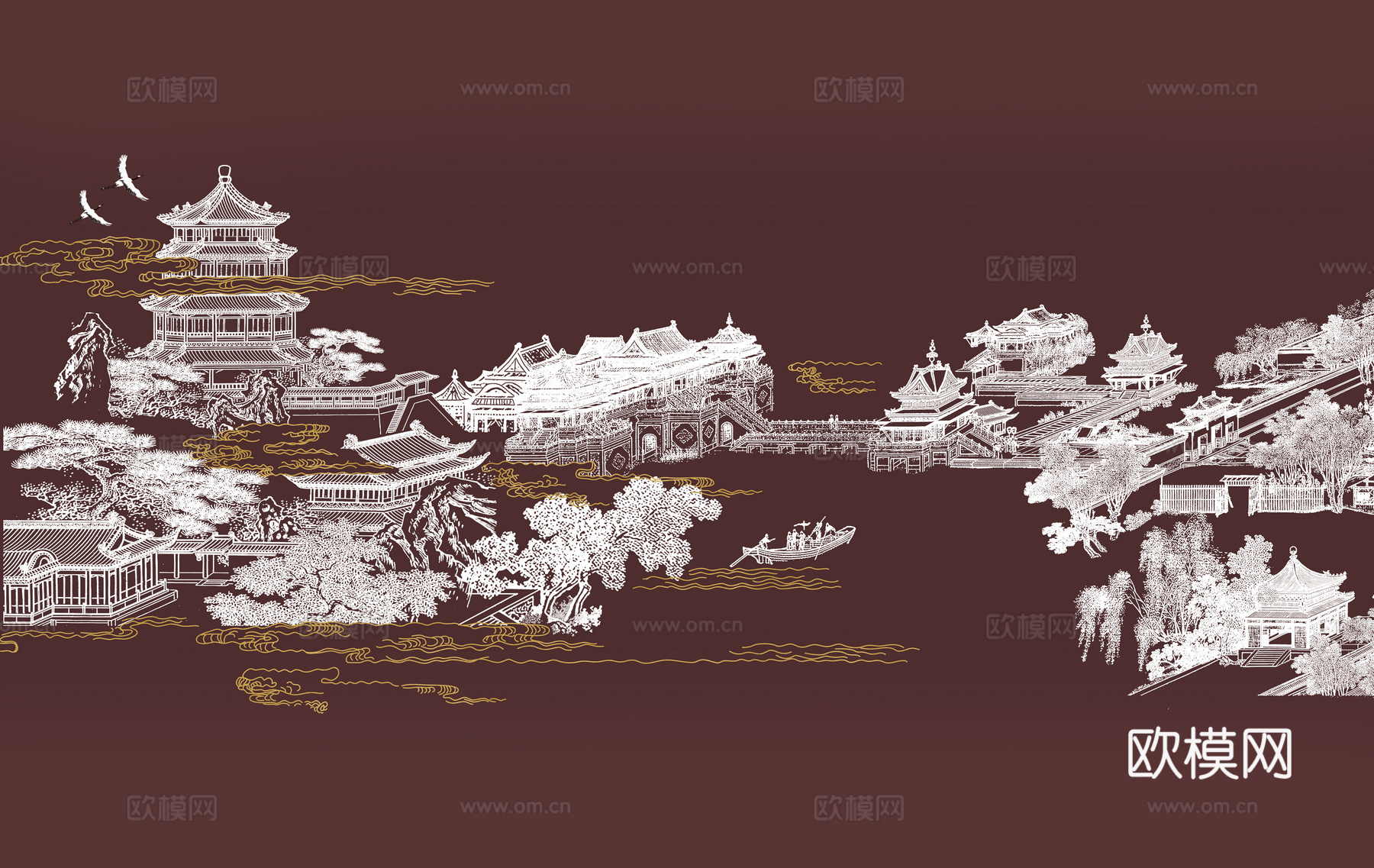 新中式亭台楼阁中式建筑线条肌理工装背景墙下载（渲染图5）