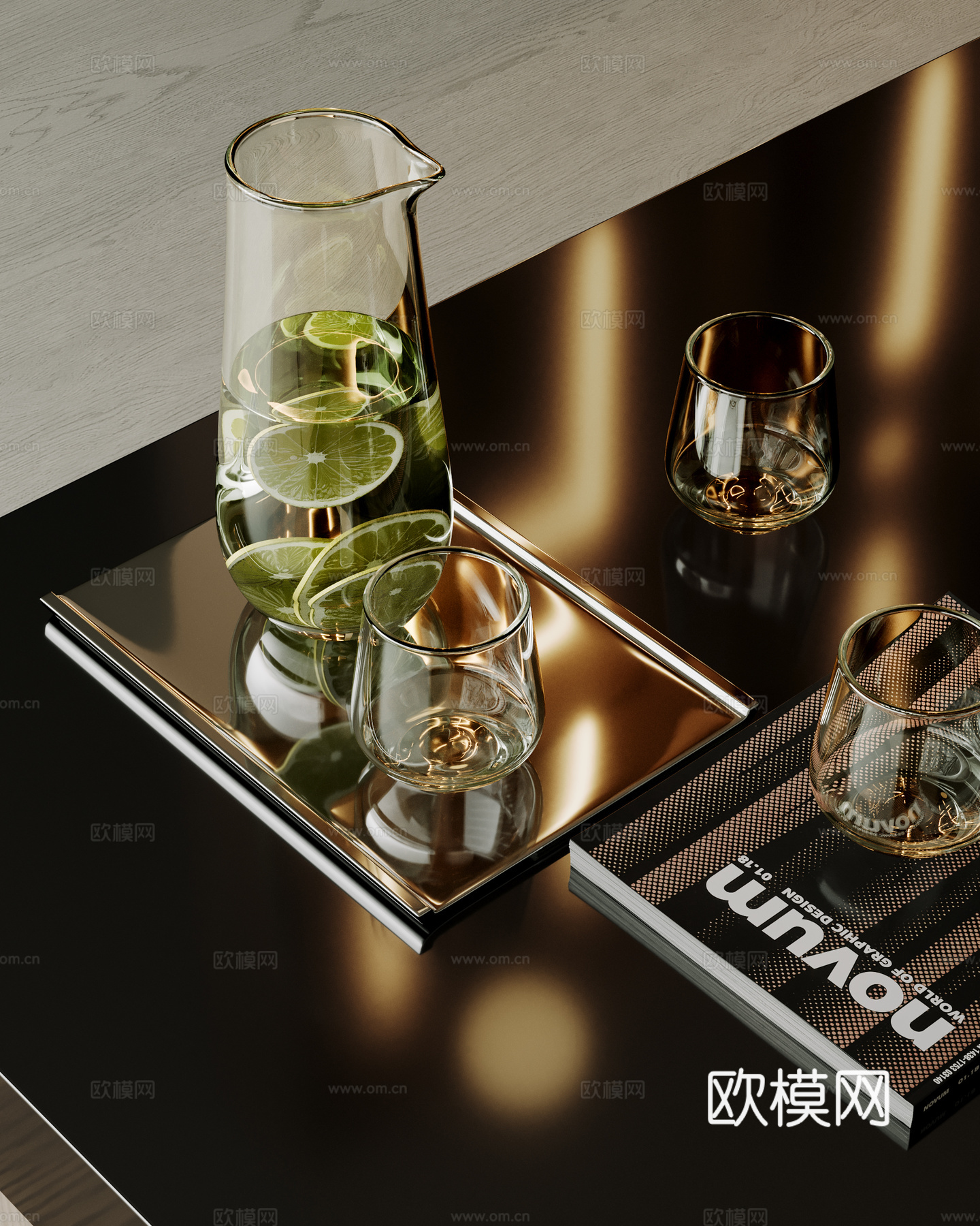 现代茶具摆件 水杯 杯子 玻璃水壶 茶几摆件 书籍3d模型