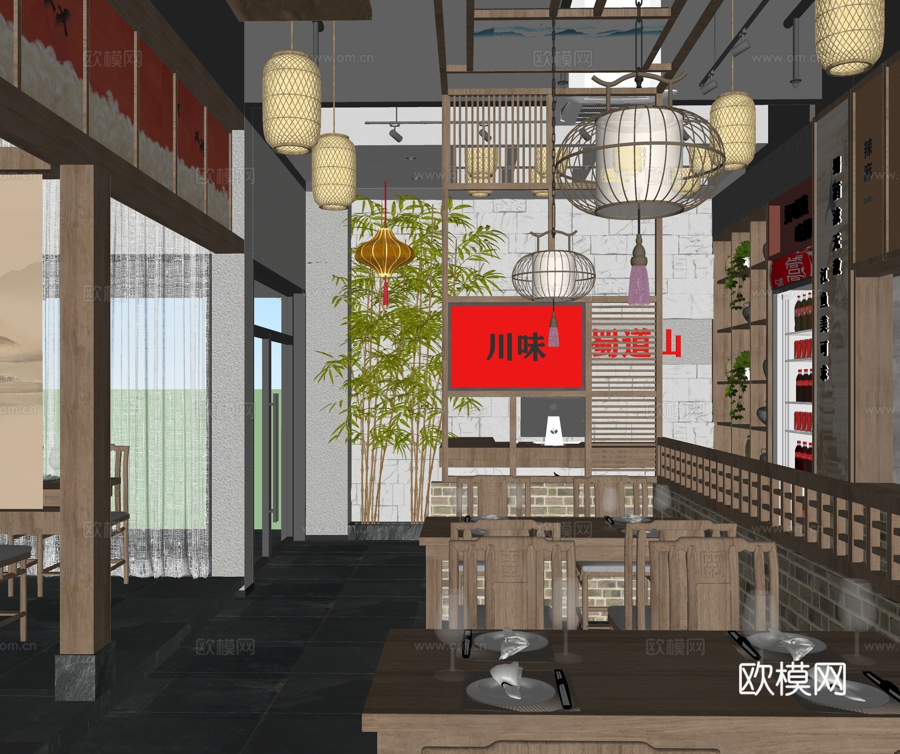新中式川菜中餐厅 餐桌椅组合 景观小品 绿植 墙饰su模型