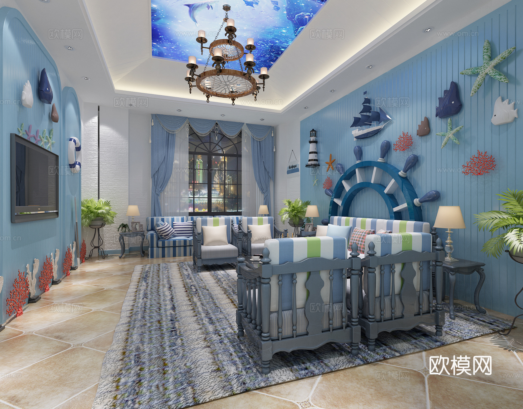 地中海前台 吧椅 珊瑚主题 沙发 装饰品 吊灯3d模型