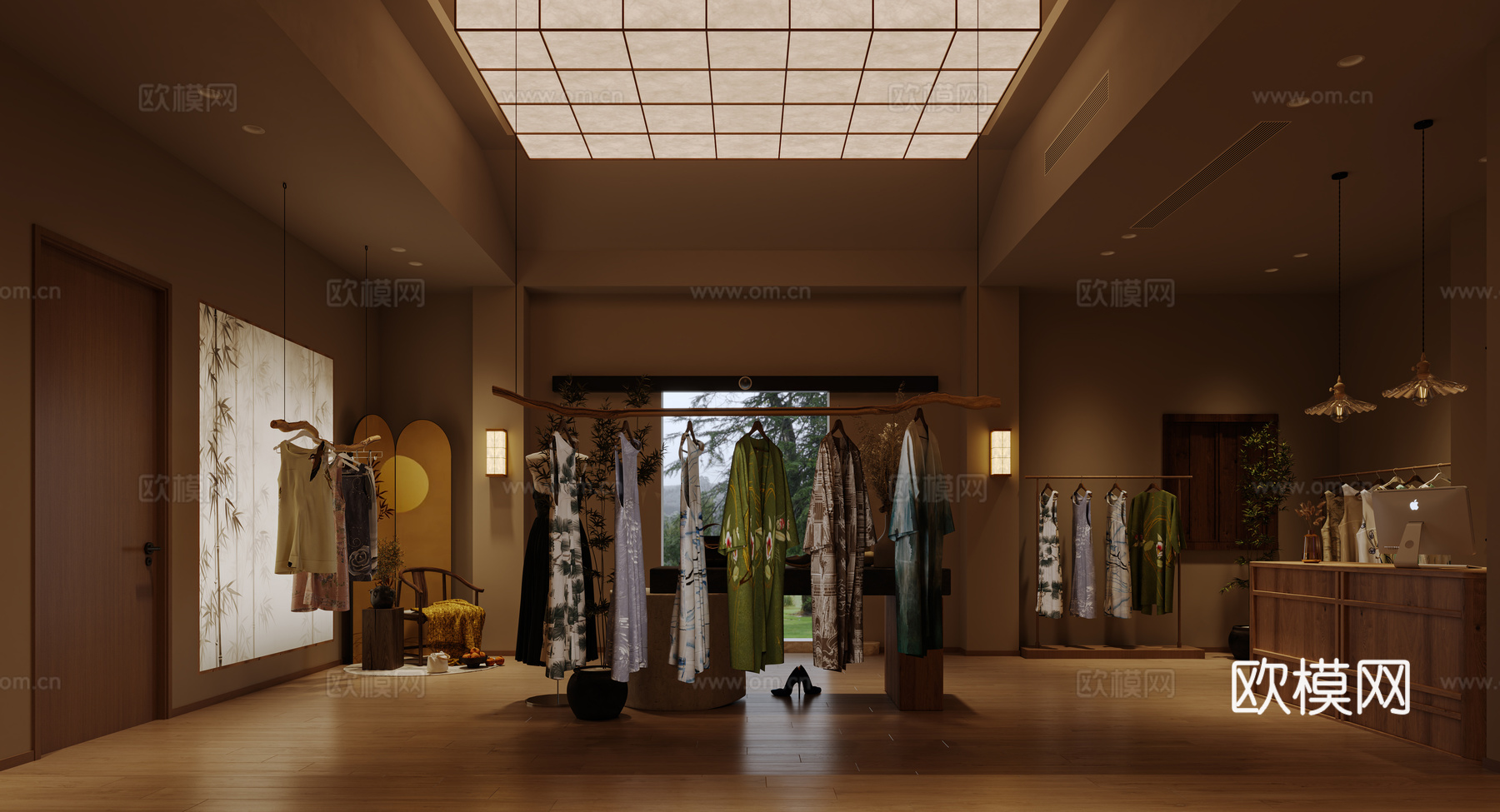 侘寂风原木复古服装店3d模型