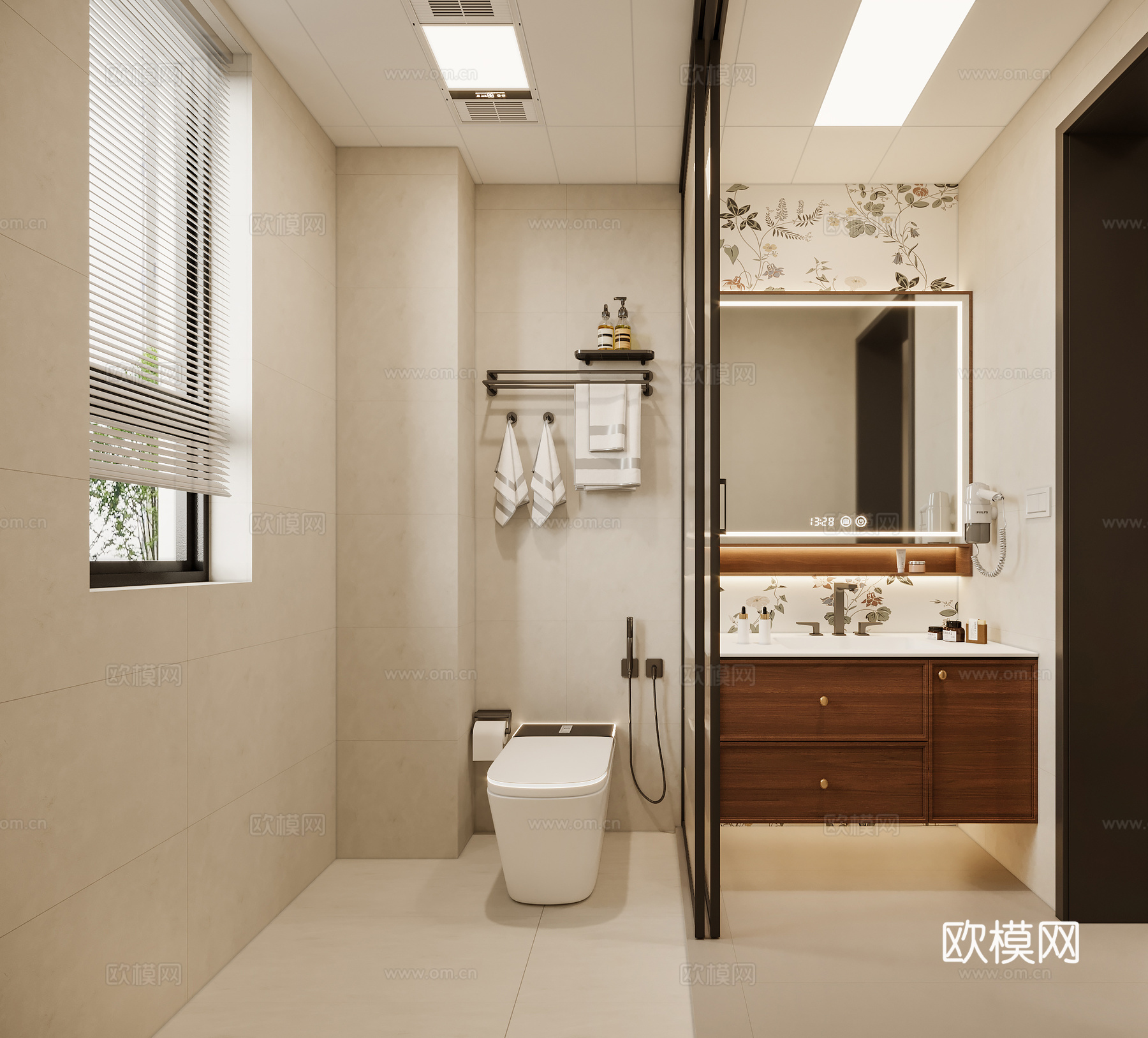 中古奶油风卫生间 洗手台 镜子 马桶 毛巾架3d模型下载