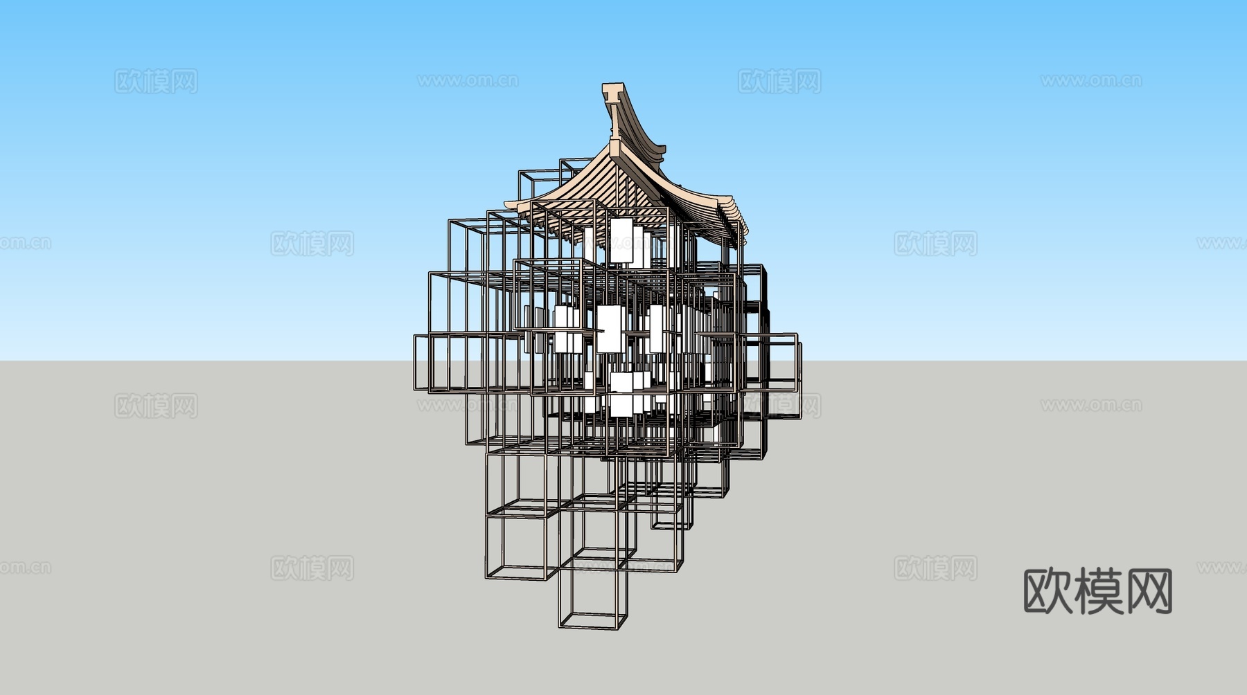 现代新中式雕塑摆件 金属坡屋顶雕塑 新中式屋檐雕塑 金属吊线su模型