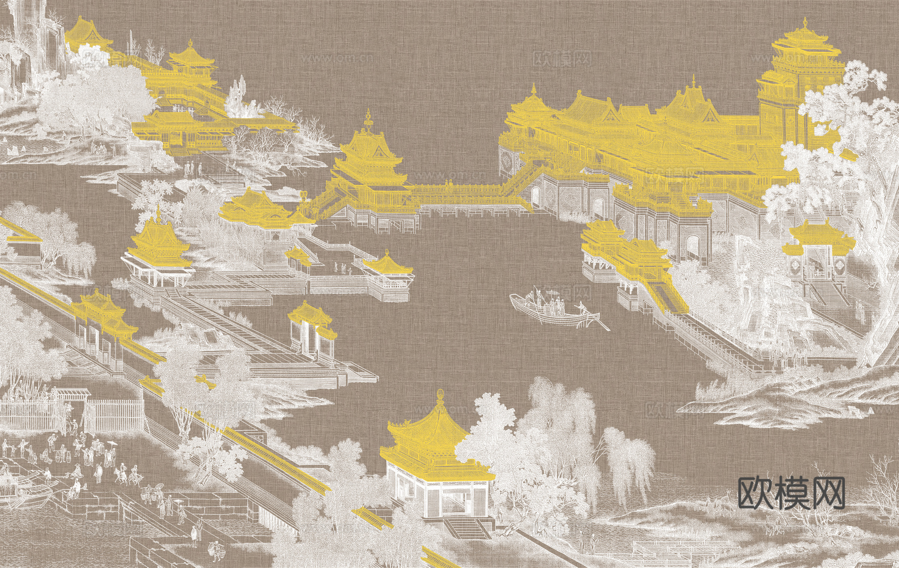 新中式亭台楼阁中式建筑线条肌理工装背景墙下载（渲染图5）