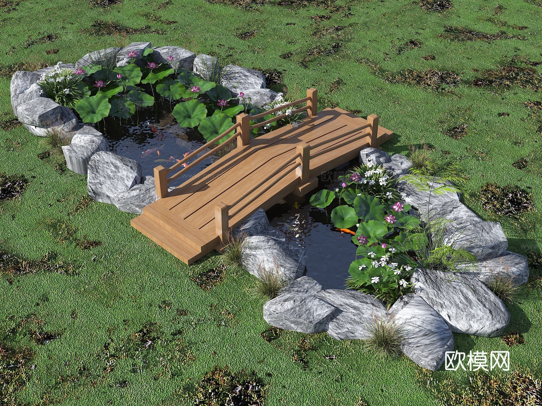 现代生态鱼池 水池 荷花池 观赏锦鲤池 假山叠水 跌水水景su模型
