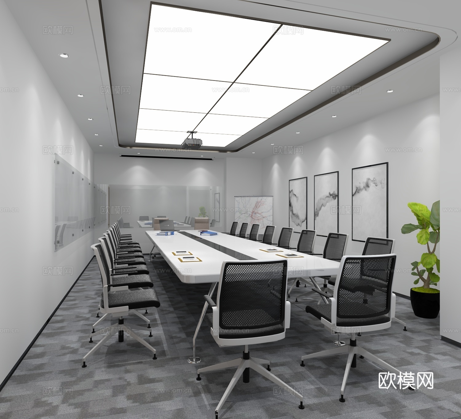 现代办公室 会议室 多人会议室 会议桌 投影仪3d模型