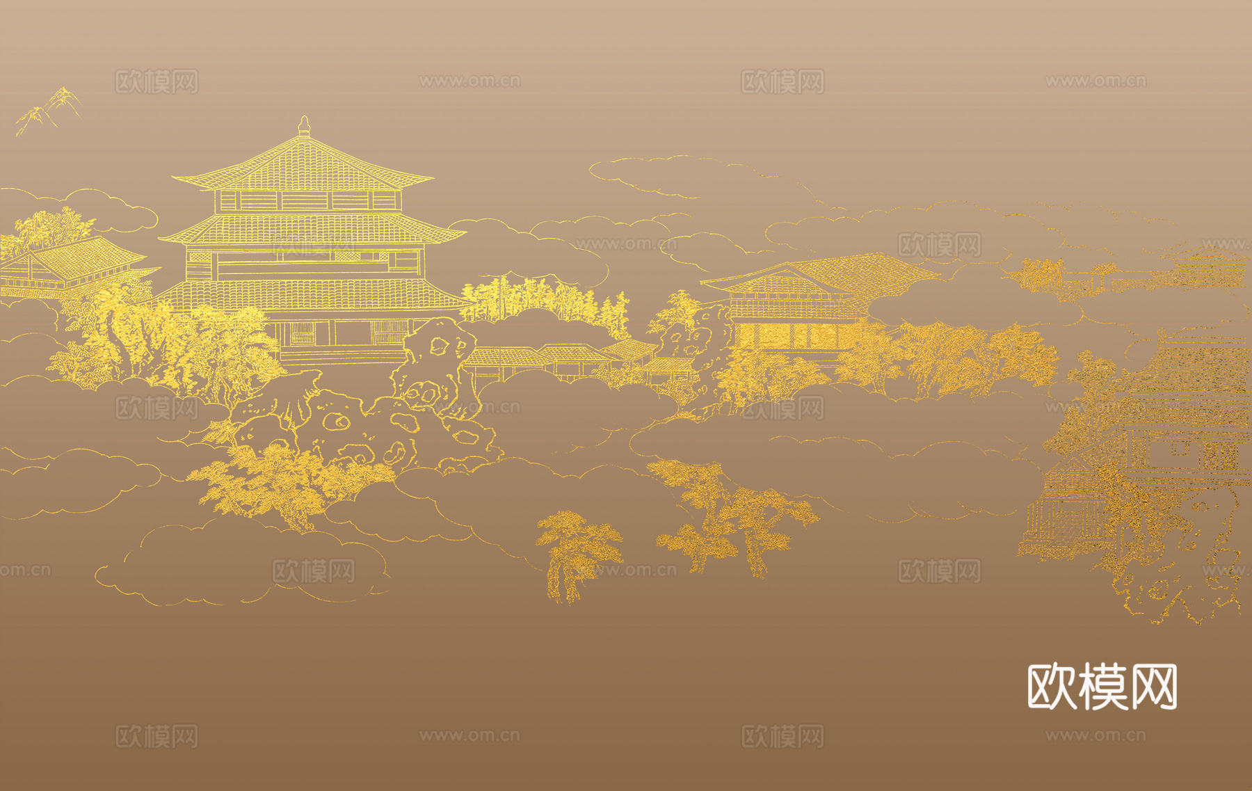 新中式亭台楼阁中式建筑线条肌理工装背景墙下载（渲染图6）